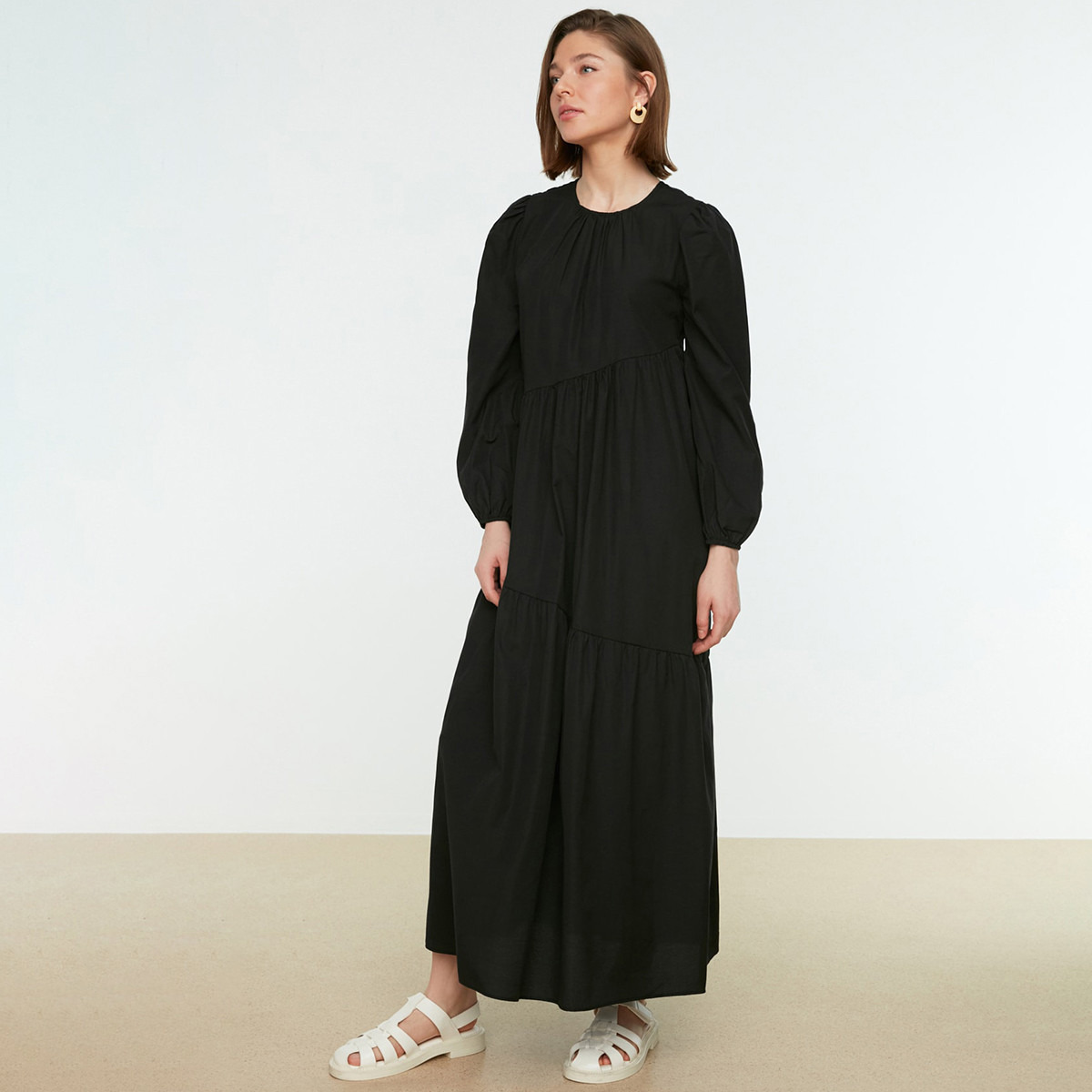 Trendyol Modest Women Solid Balloon Sleeve Back Zippered Dress-women-clothing-dresses-image-4