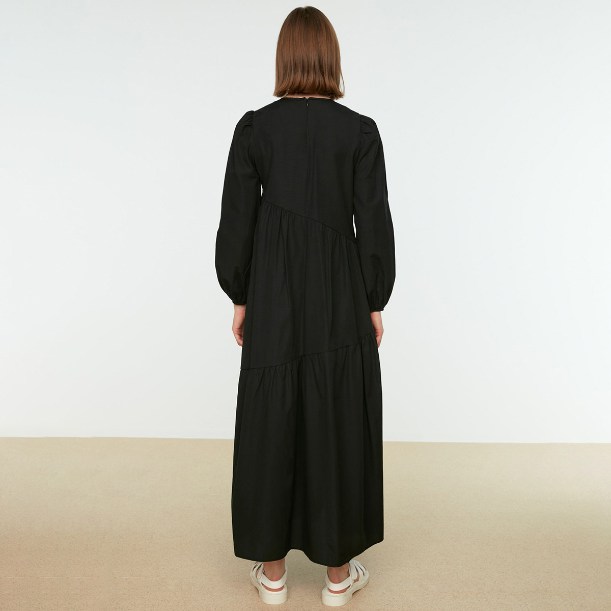 Trendyol Modest Women Solid Balloon Sleeve Back Zippered Dress-women-clothing-dresses-image-5