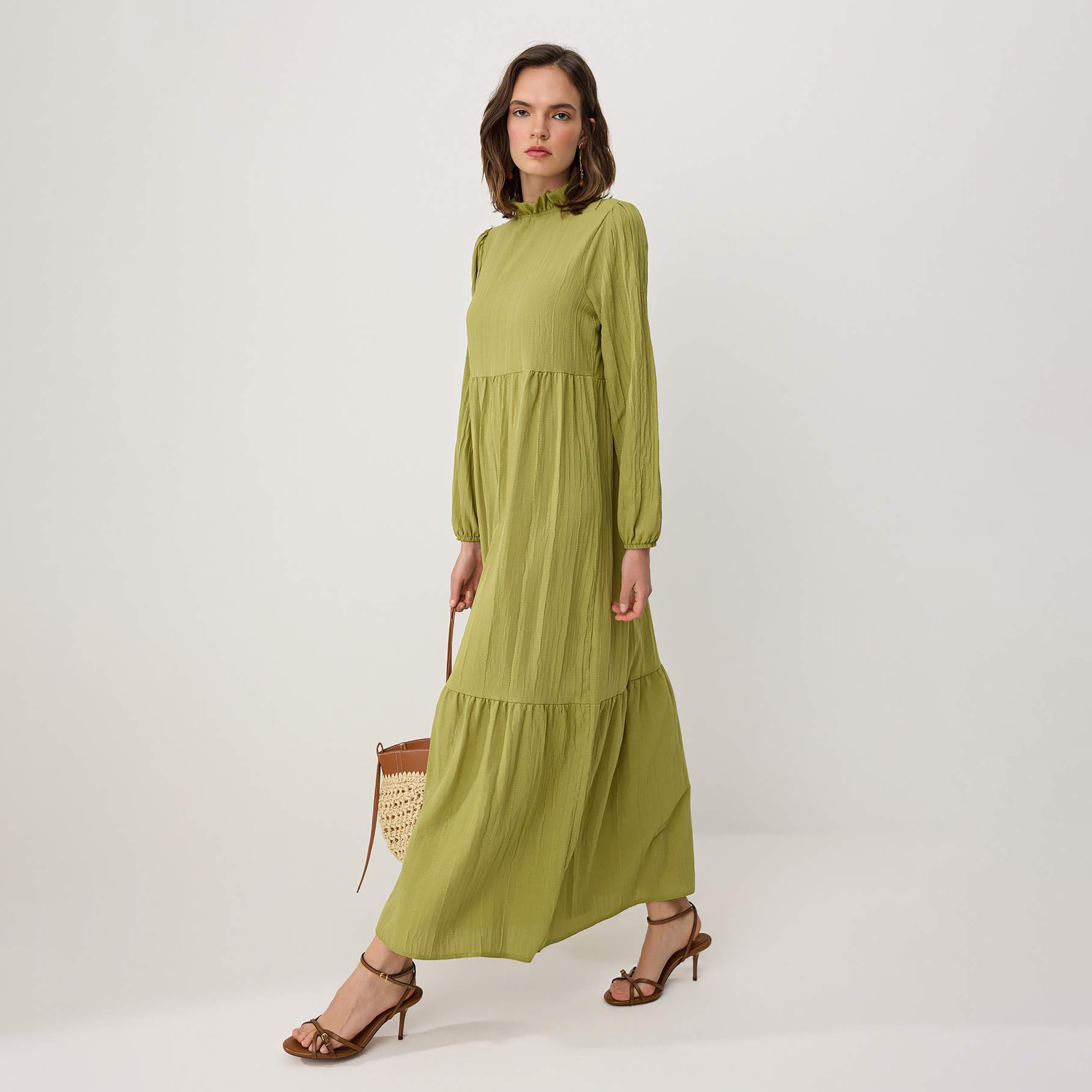 Trendyol Modest Textured Ruffled Neck Tiered Women's Maxi Dress-women-clothing-dresses-image-1