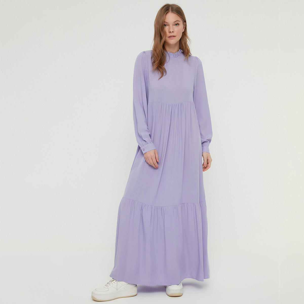 Trendyol Modest Women Solid Ruffled Neck Back Zippered Dress-women-clothing-dresses-image-1