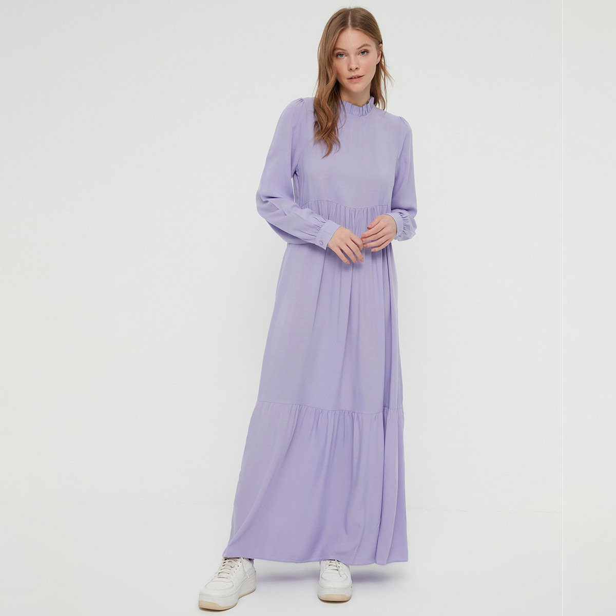 Trendyol Modest Women Solid Ruffled Neck Back Zippered Dress-women-clothing-dresses-image-3