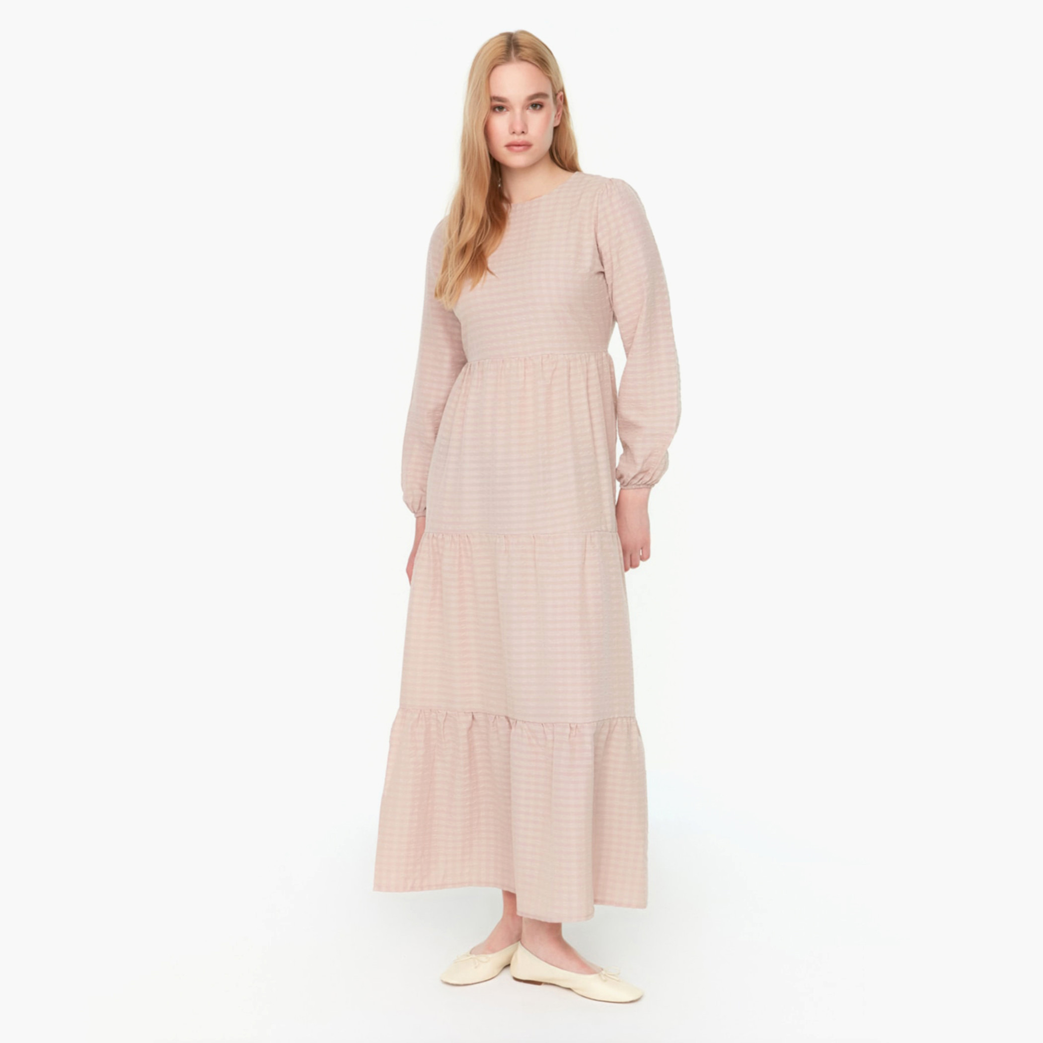 Trendyol Women Checked Pink Back Zipper Balloon Sleeve Maxi Dress-women-clothing-dresses-image-1