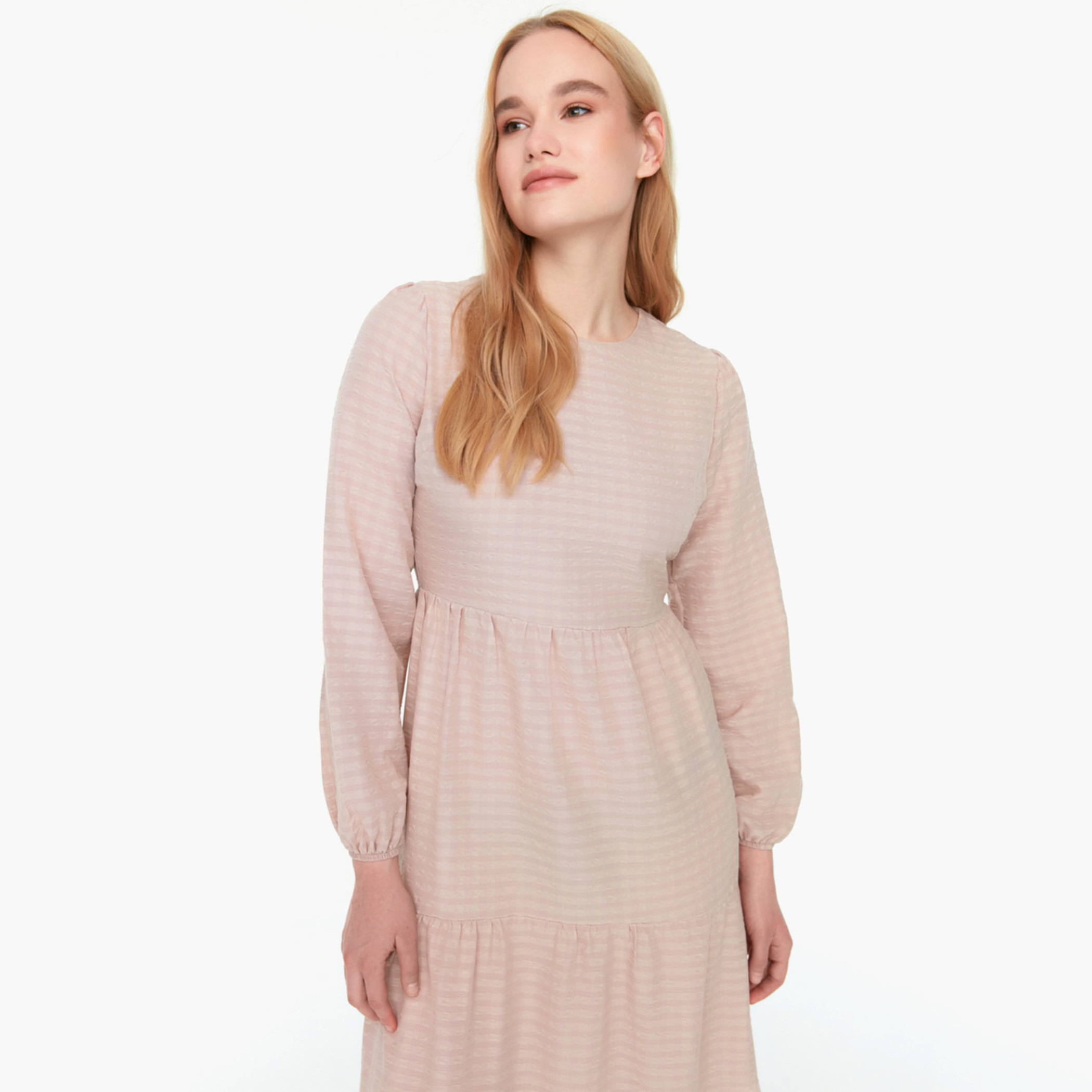 Trendyol Women Checked Pink Back Zipper Balloon Sleeve Maxi Dress-women-clothing-dresses-image-3