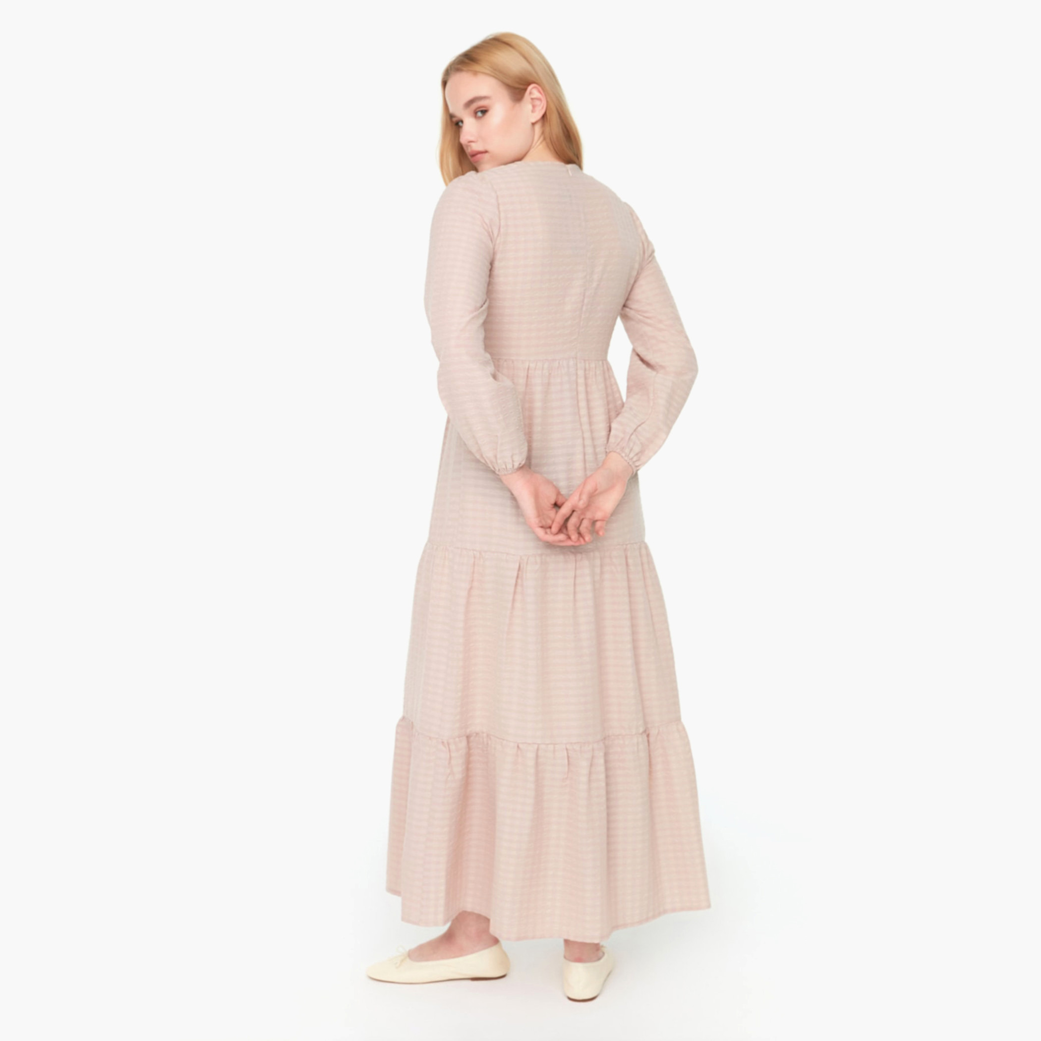 Trendyol Women Checked Pink Back Zipper Balloon Sleeve Maxi Dress-women-clothing-dresses-image-5