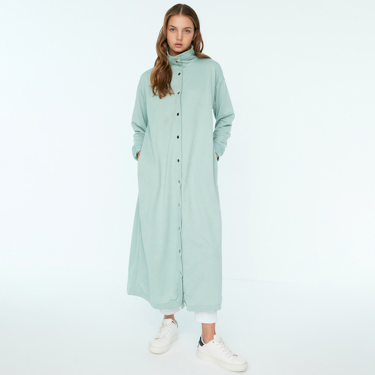 Trendyol Modest Women Solid Snap Closure High Neck Abaya-women-arabicclothing-abayas-image-1