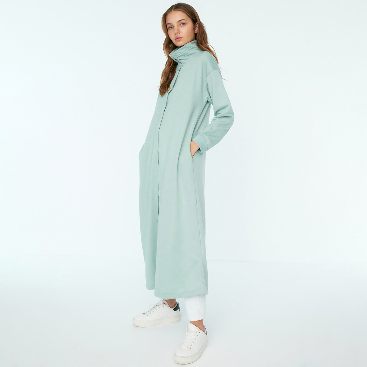 Trendyol Modest Women Solid Snap Closure High Neck Abaya-women-arabicclothing-abayas-image-3
