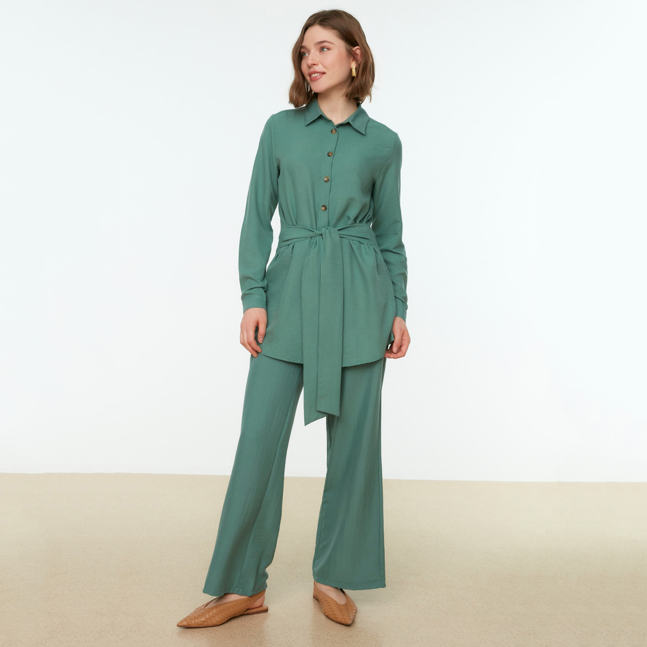 Trendyol Modest Women Solid Collared Neck Tie Front Shirt-Pant Set-women-clothing-coordsets-image-2
