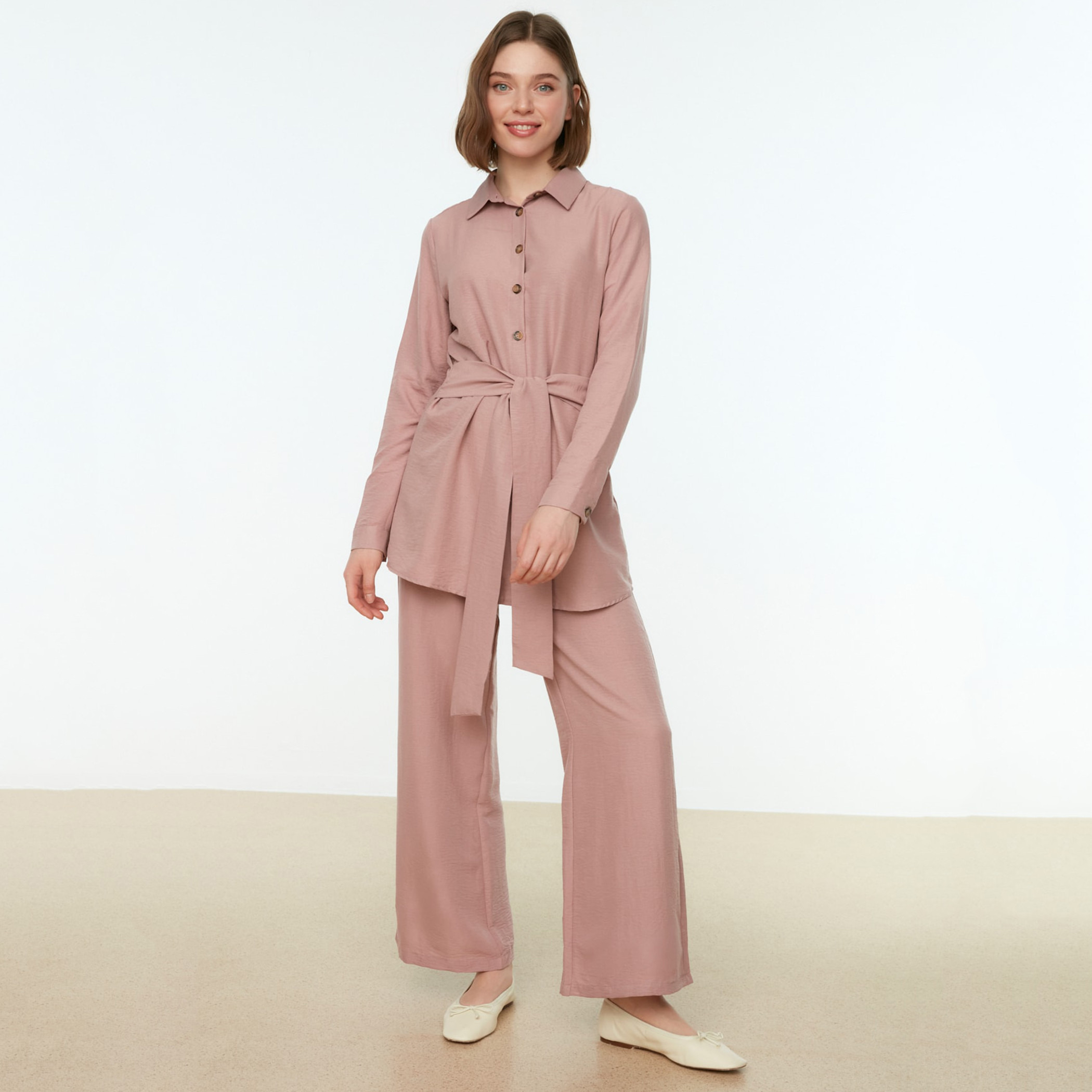 Trendyol Modest Women Solid Collared Neck Tie Front Shirt-Pant Set-women-clothing-coordsets-image-1