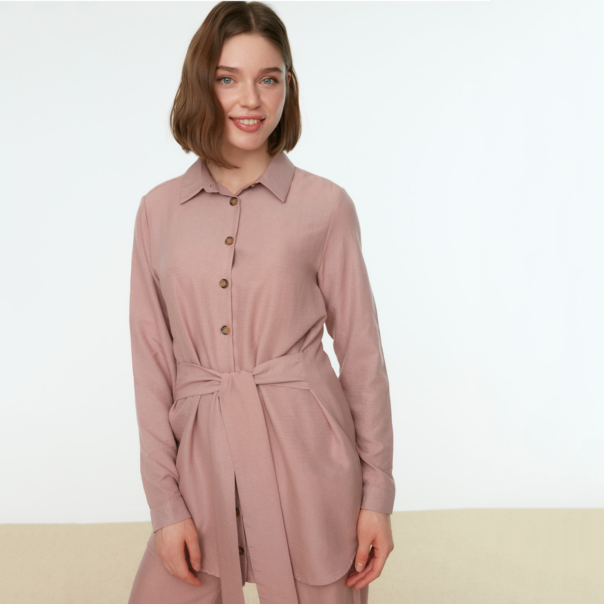 Trendyol Modest Women Solid Collared Neck Tie Front Shirt-Pant Set-women-clothing-coordsets-image-2