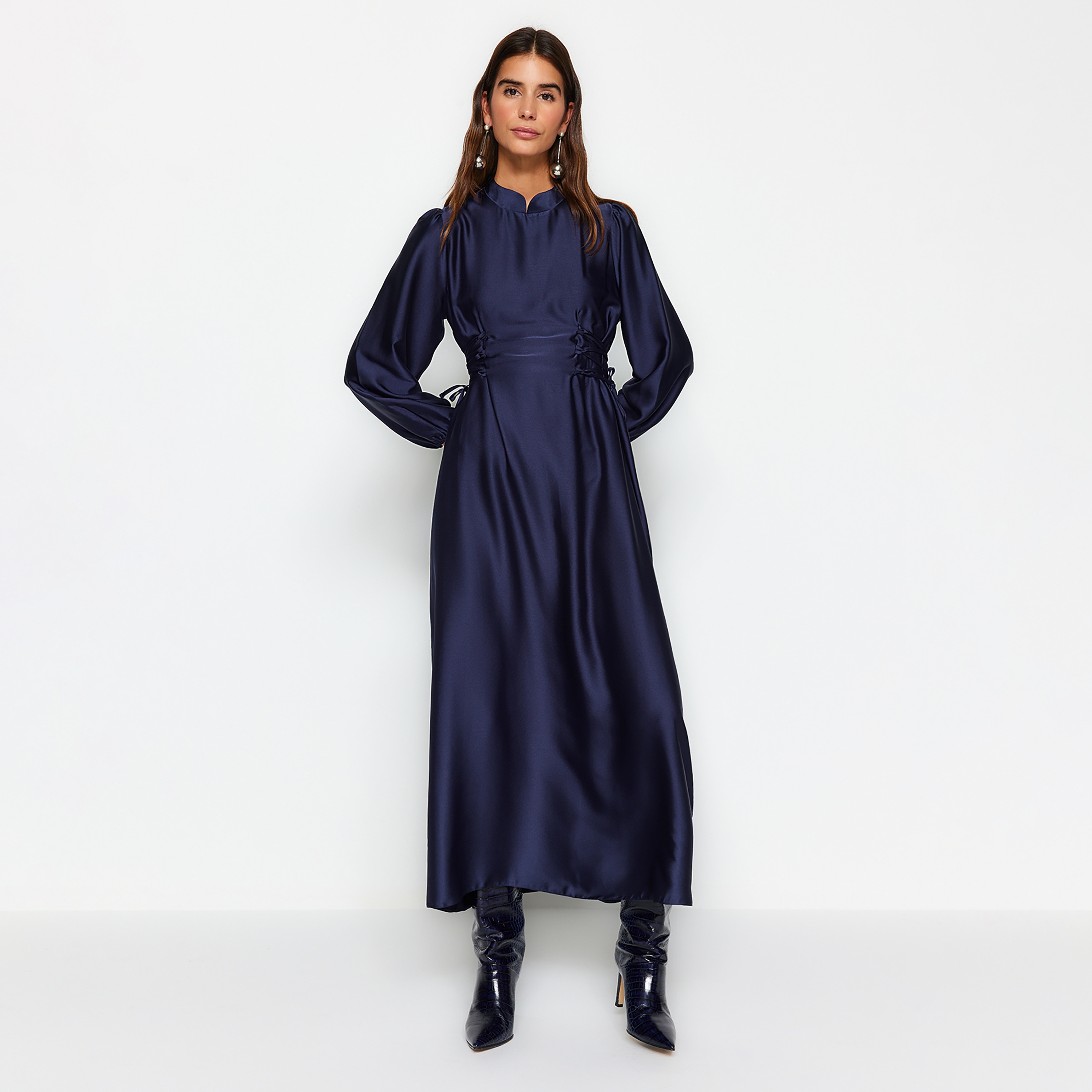 Trendyol Modest Blue Satin High Neck Elasticated Cuff Sleeves Flared Evening Women's Maxi Dress-women-clothing-dresses-image-1