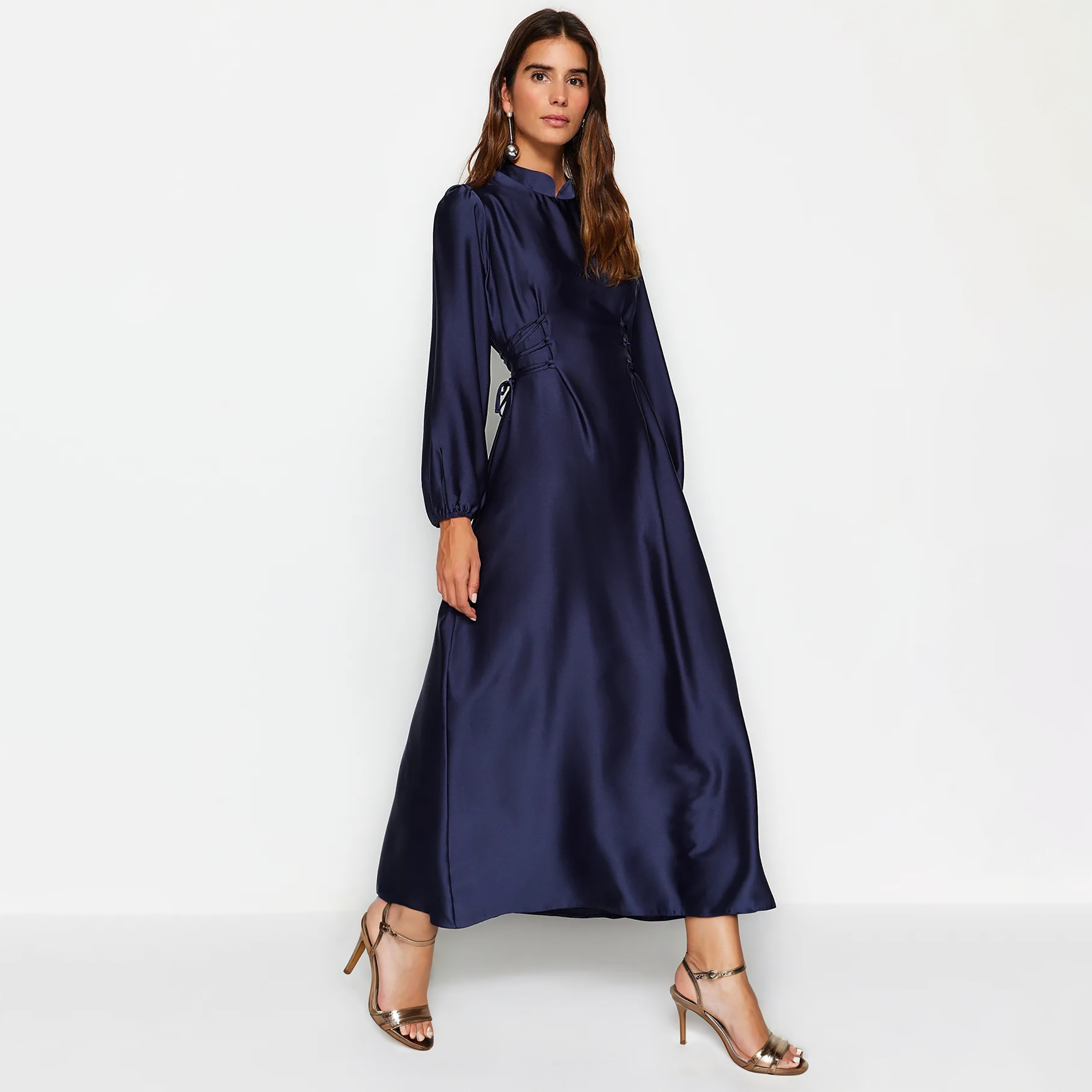 Trendyol Modest Blue Satin High Neck Elasticated Cuff Sleeves Flared Evening Women's Maxi Dress-women-clothing-dresses-image-2