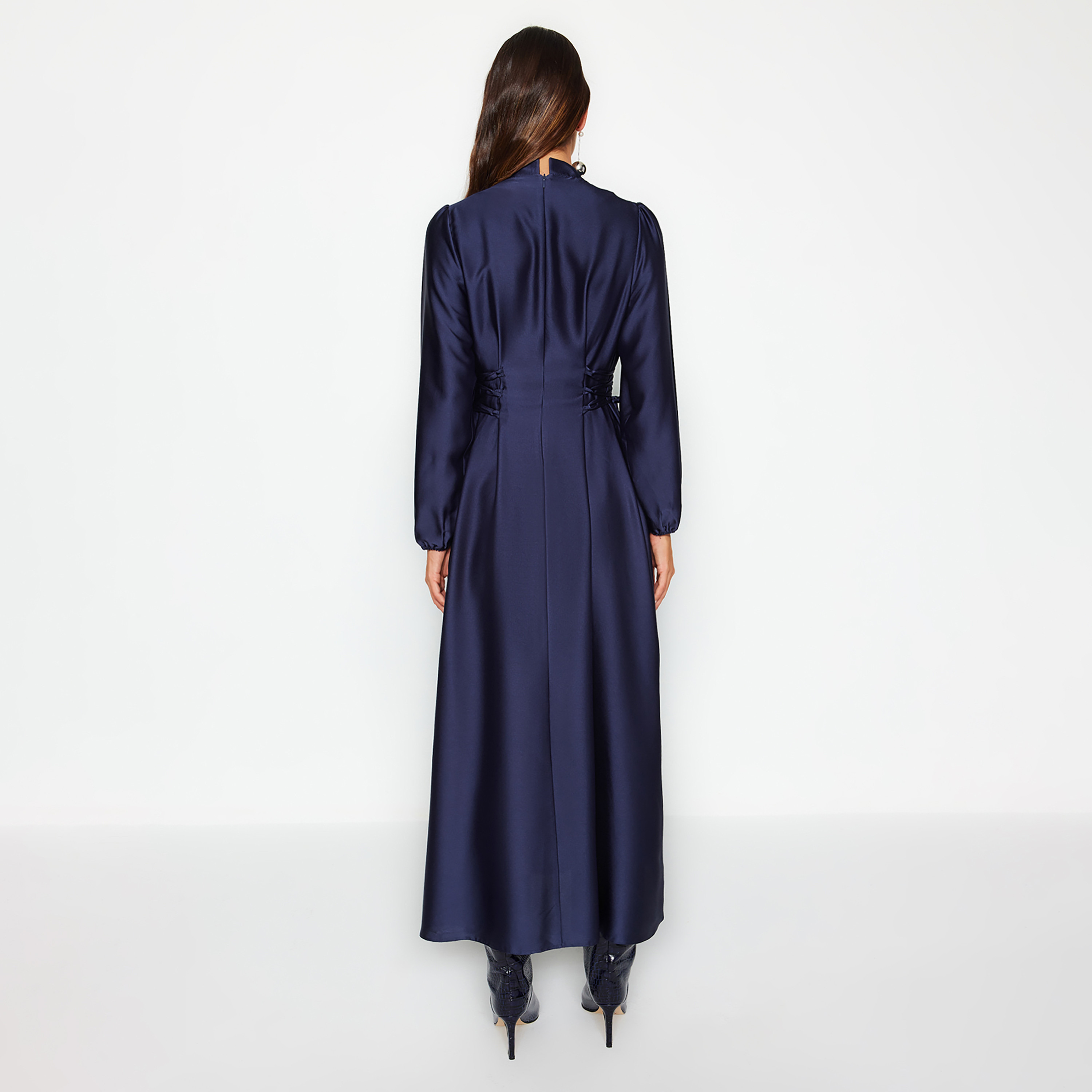 Trendyol Modest Blue Satin High Neck Elasticated Cuff Sleeves Flared Evening Women's Maxi Dress-women-clothing-dresses-image-3