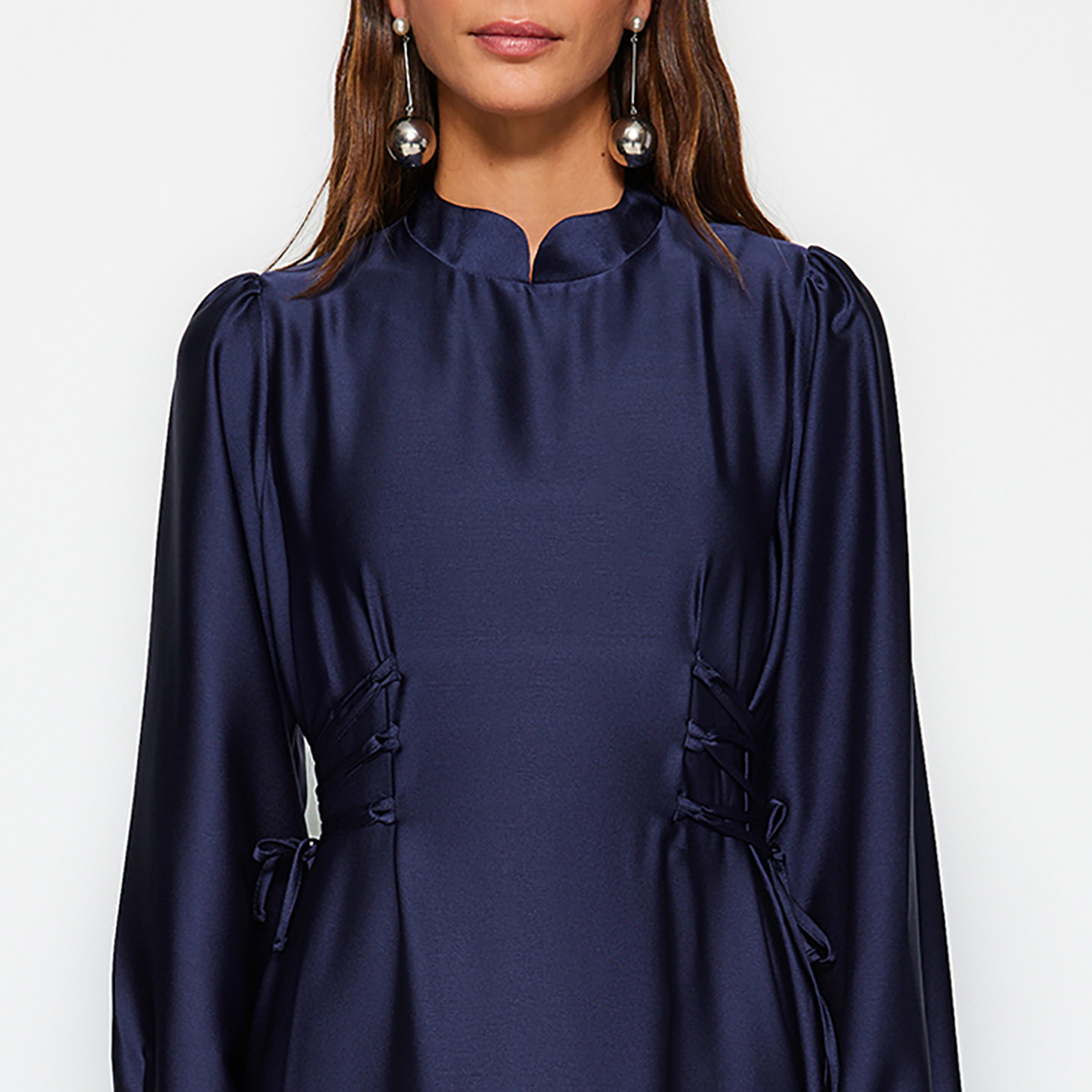 Trendyol Modest Blue Satin High Neck Elasticated Cuff Sleeves Flared Evening Women's Maxi Dress-women-clothing-dresses-image-4