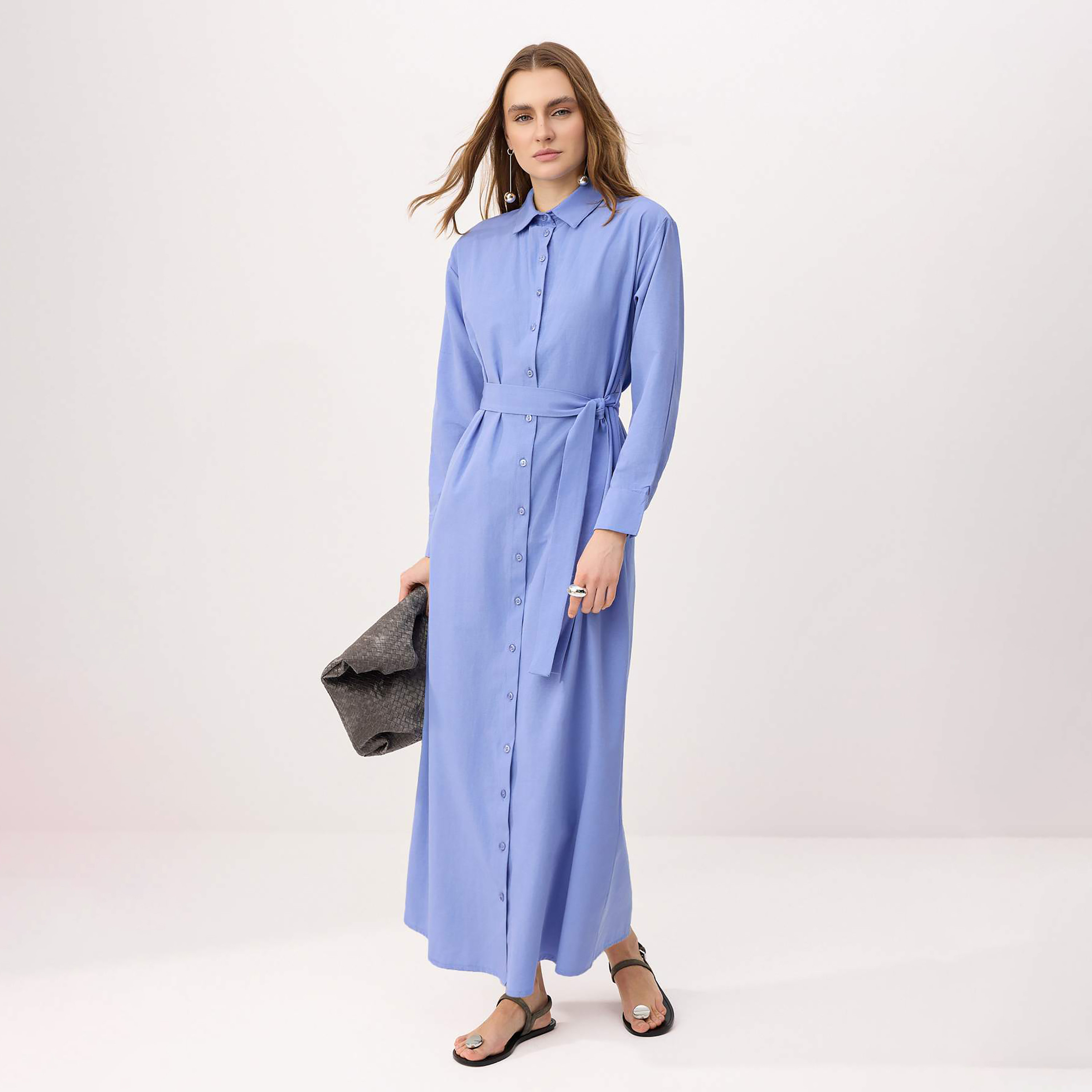 Trendyol Modest Blue Terrycotton Collared Women's Maxi Shirt Dress-women-clothing-dresses-image-1