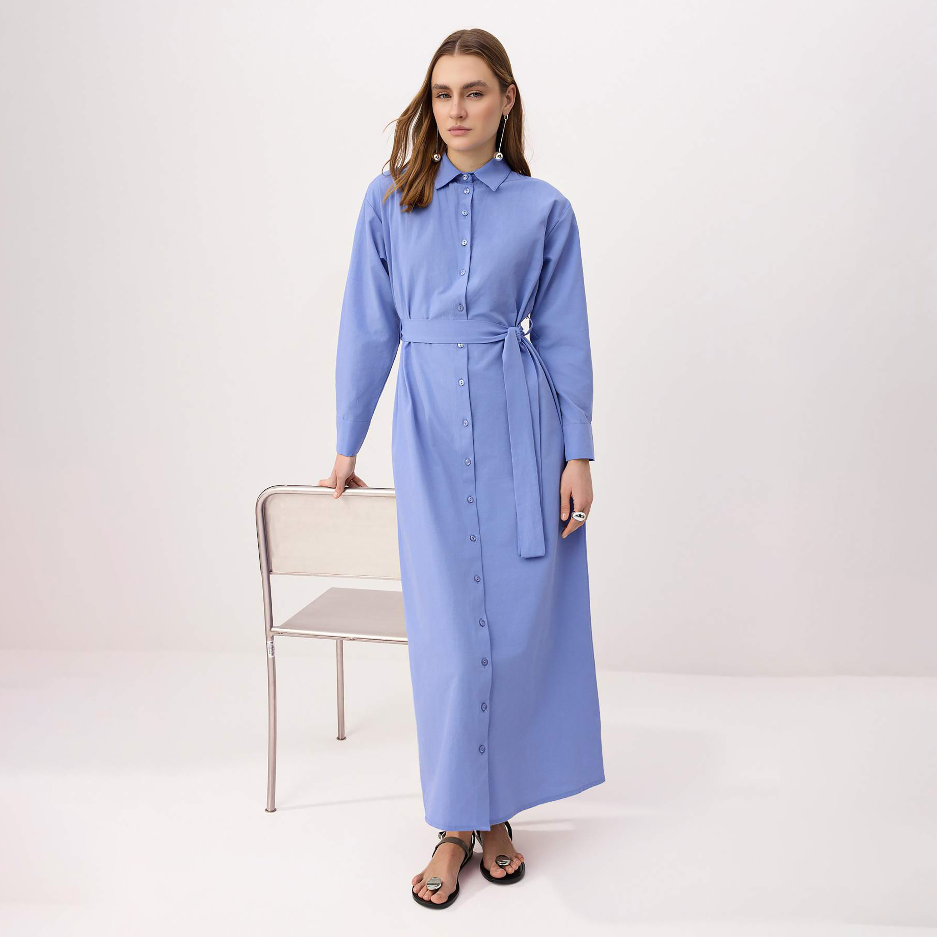 Trendyol Modest Blue Terrycotton Collared Women's Maxi Shirt Dress-women-clothing-dresses-image-2