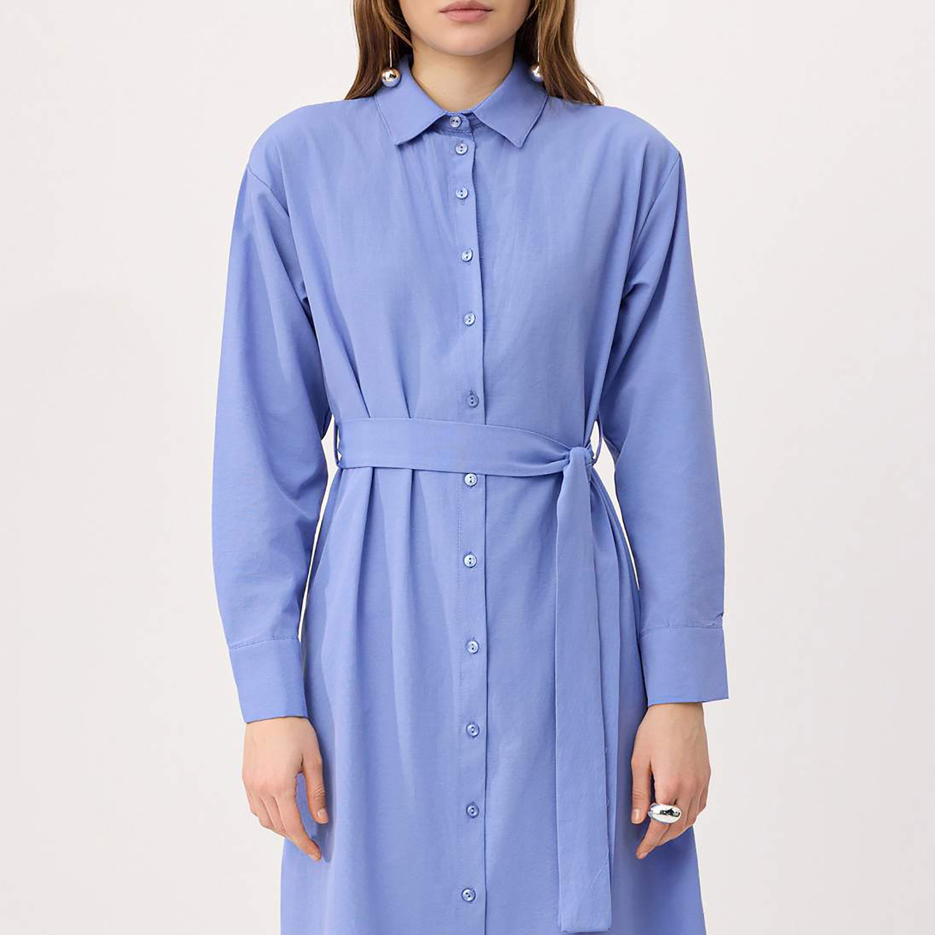 Trendyol Modest Blue Terrycotton Collared Women's Maxi Shirt Dress-women-clothing-dresses-image-4