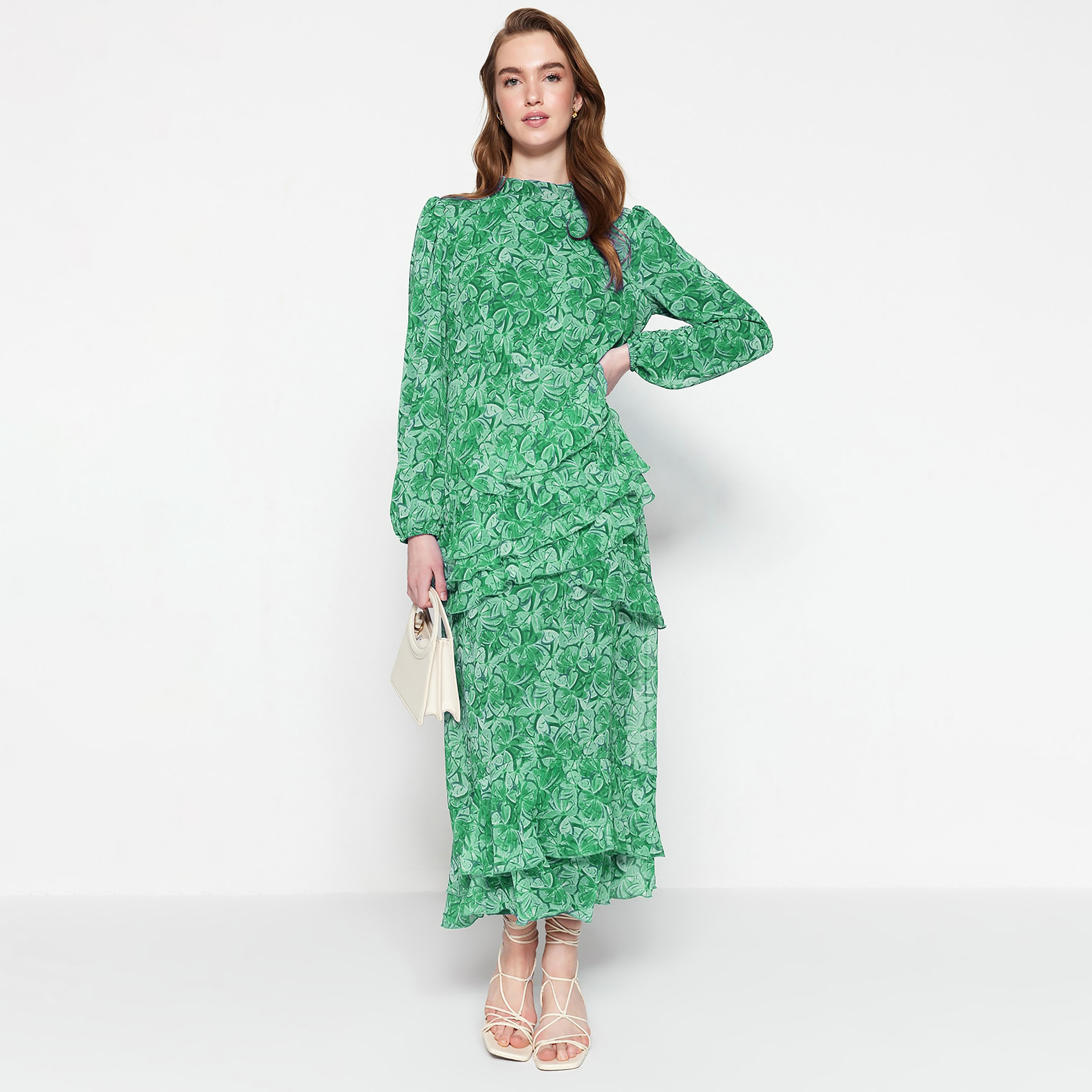 Trendyol Modest Floral Motifs Chiffon Mock Neck Ruffle Women's Maxi Dress-women-clothing-dresses-image-1