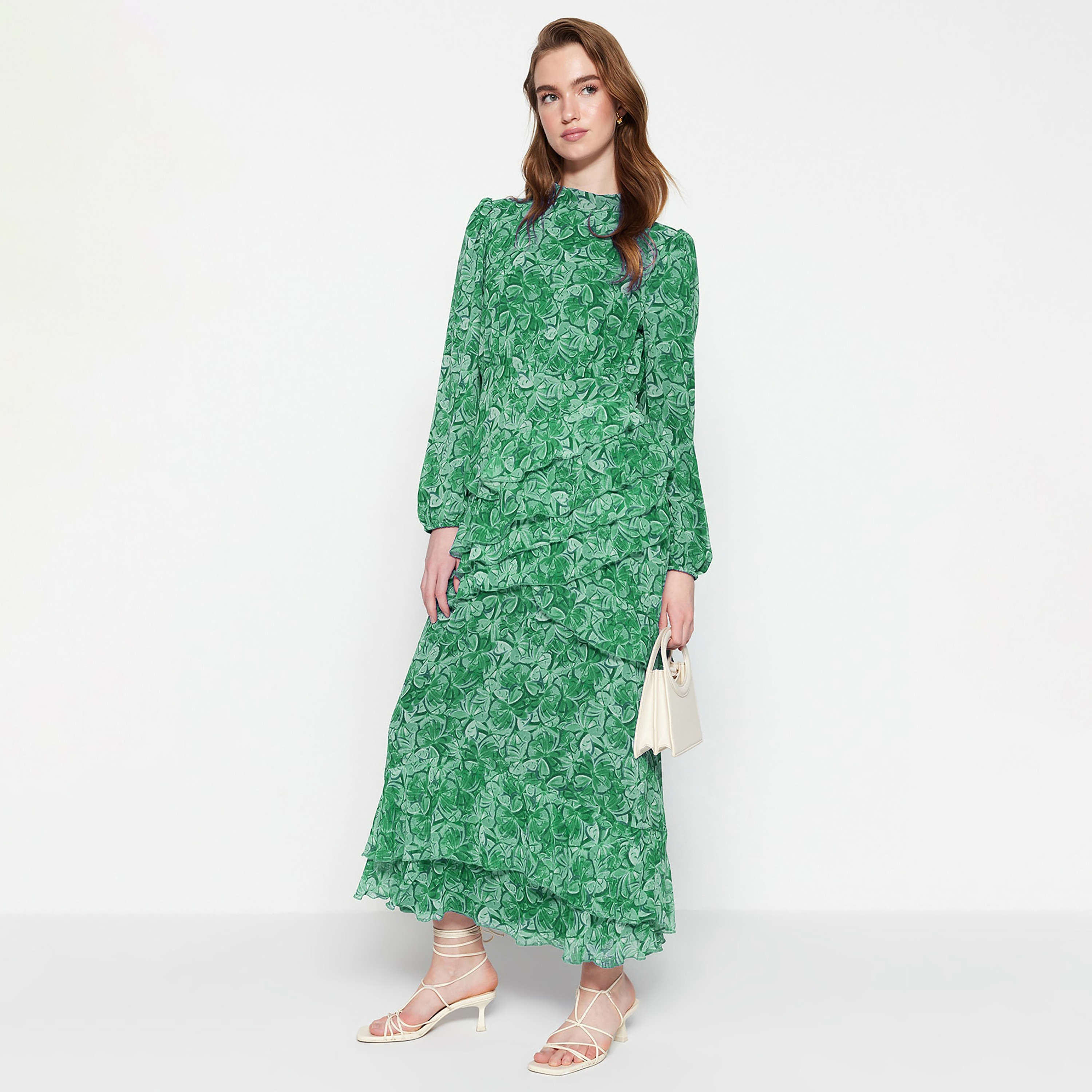 Trendyol Modest Floral Motifs Chiffon Mock Neck Ruffle Women's Maxi Dress-women-clothing-dresses-image-4