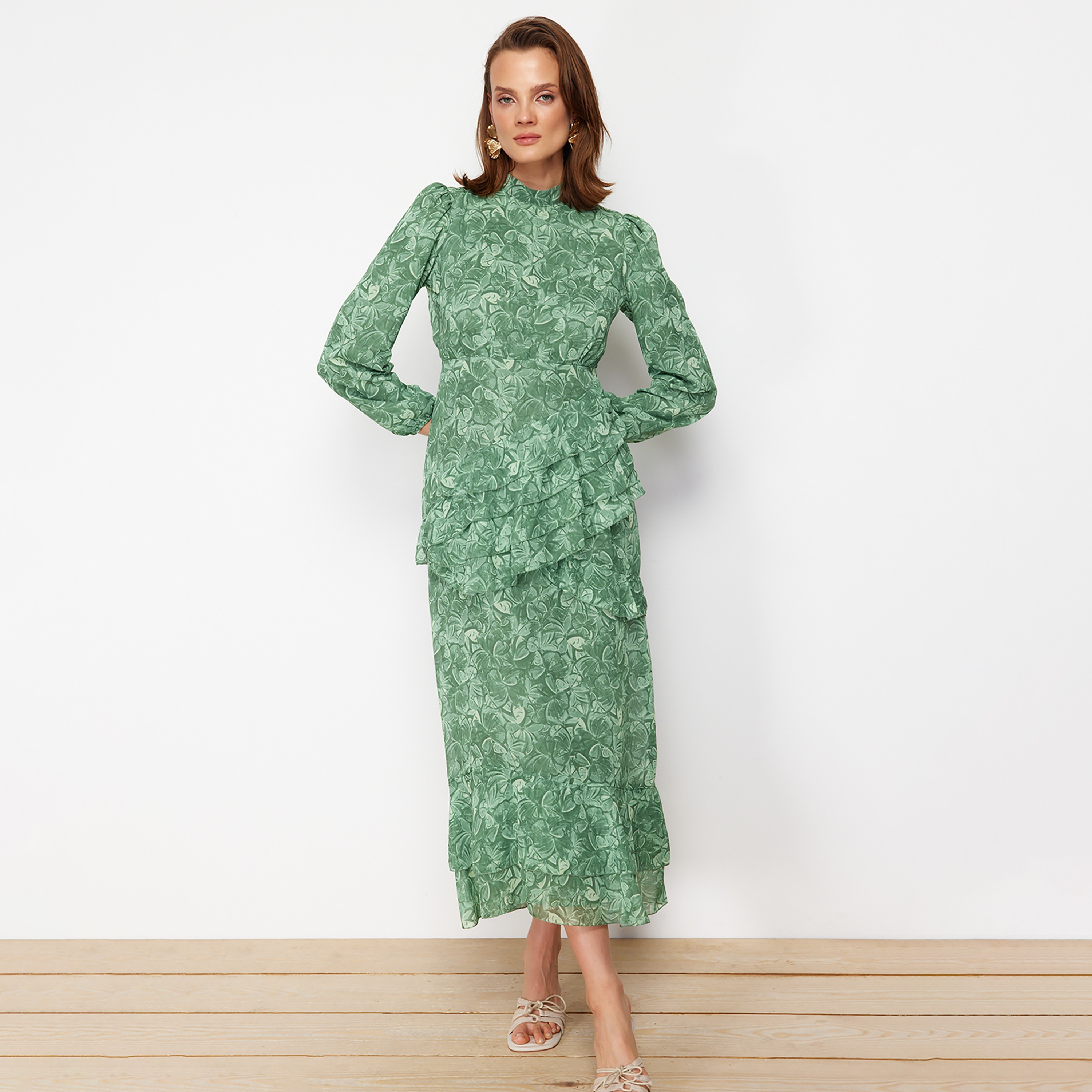 Trendyol Modest Floral Motifs Chiffon Mock Neck Ruffle Women's Maxi Dress-women-clothing-dresses-image-8