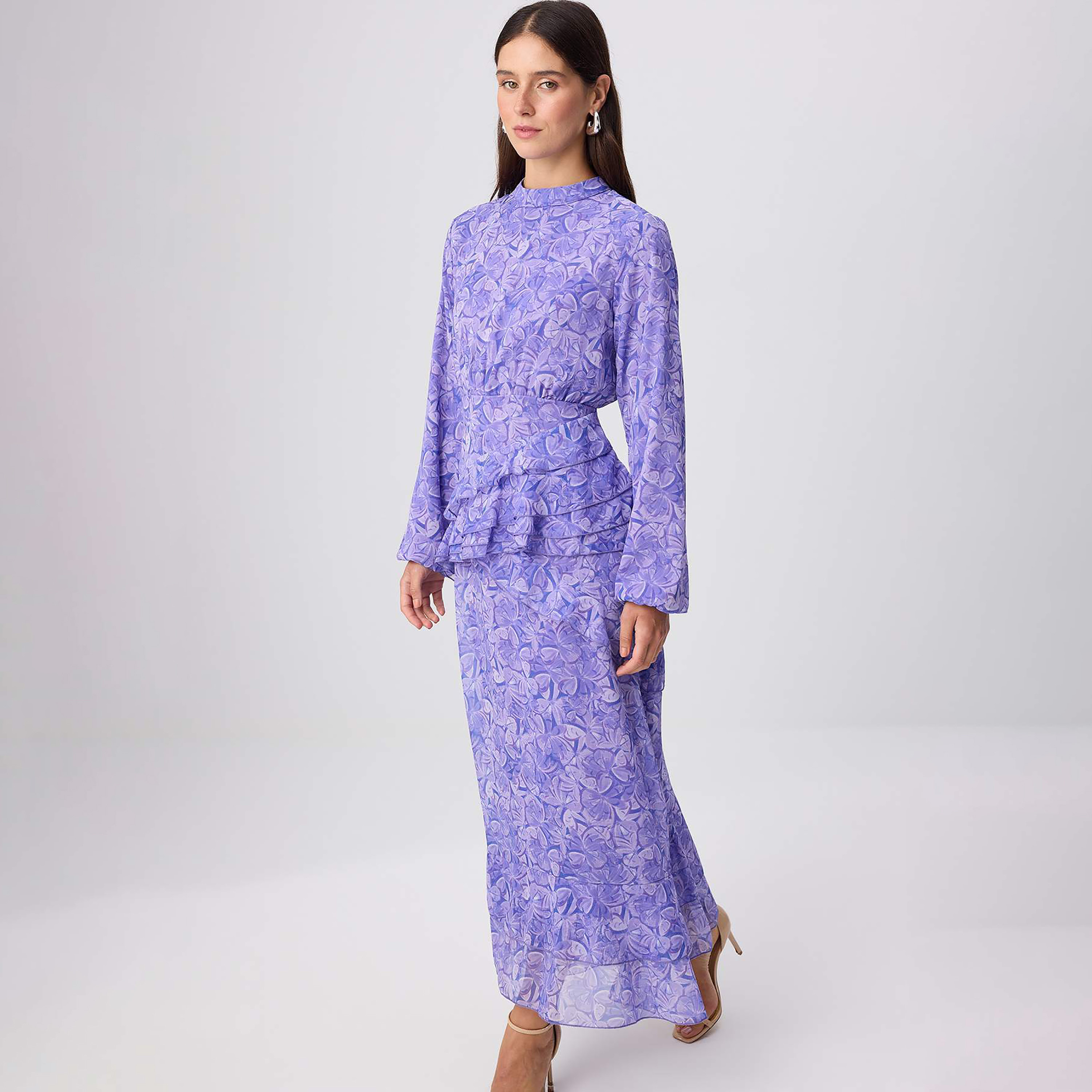 Trendyol Modest Floral Motifs Chiffon Mock Neck Ruffle Women's Maxi Dress-women-clothing-dresses-image-1
