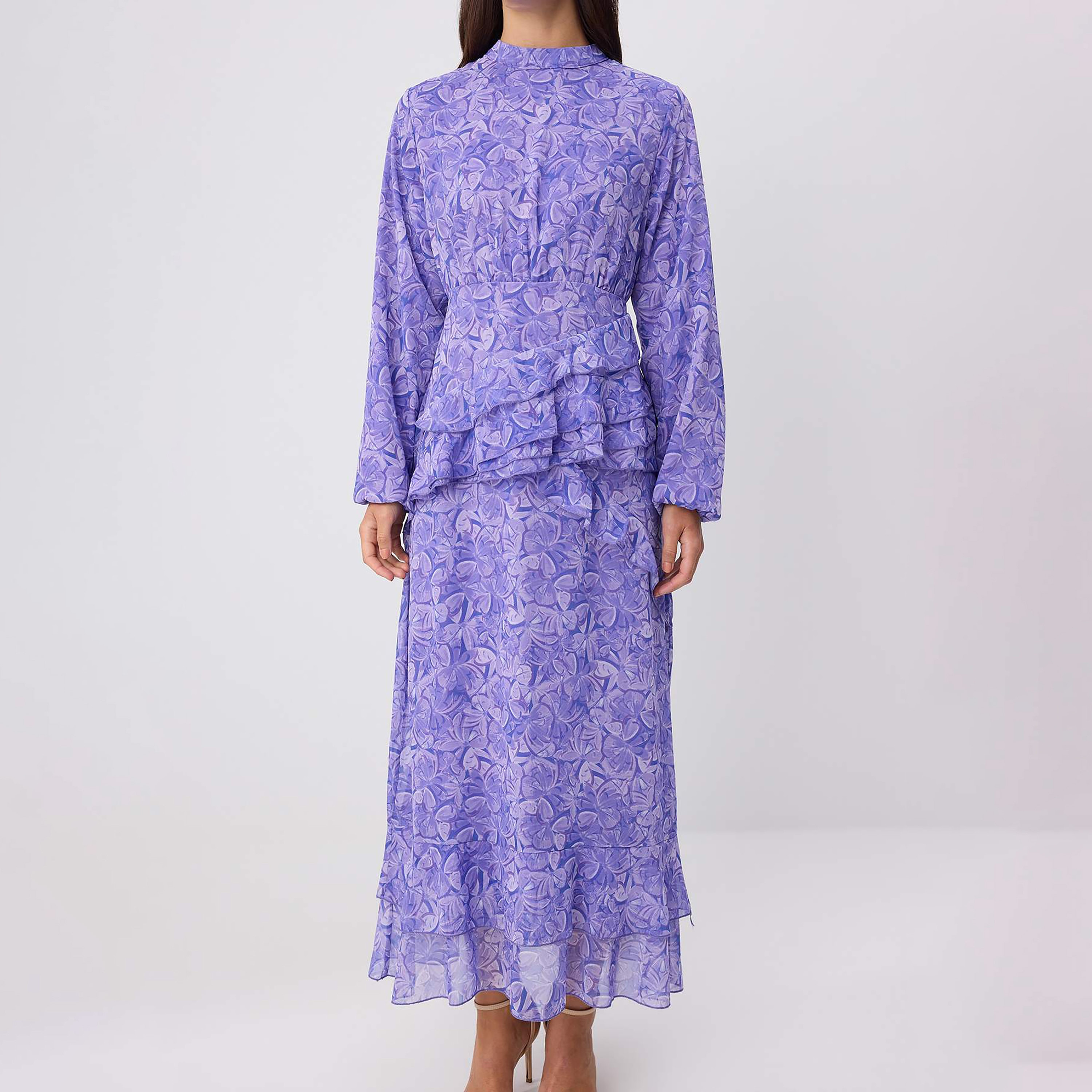Trendyol Modest Floral Motifs Chiffon Mock Neck Ruffle Women's Maxi Dress-women-clothing-dresses-image-2