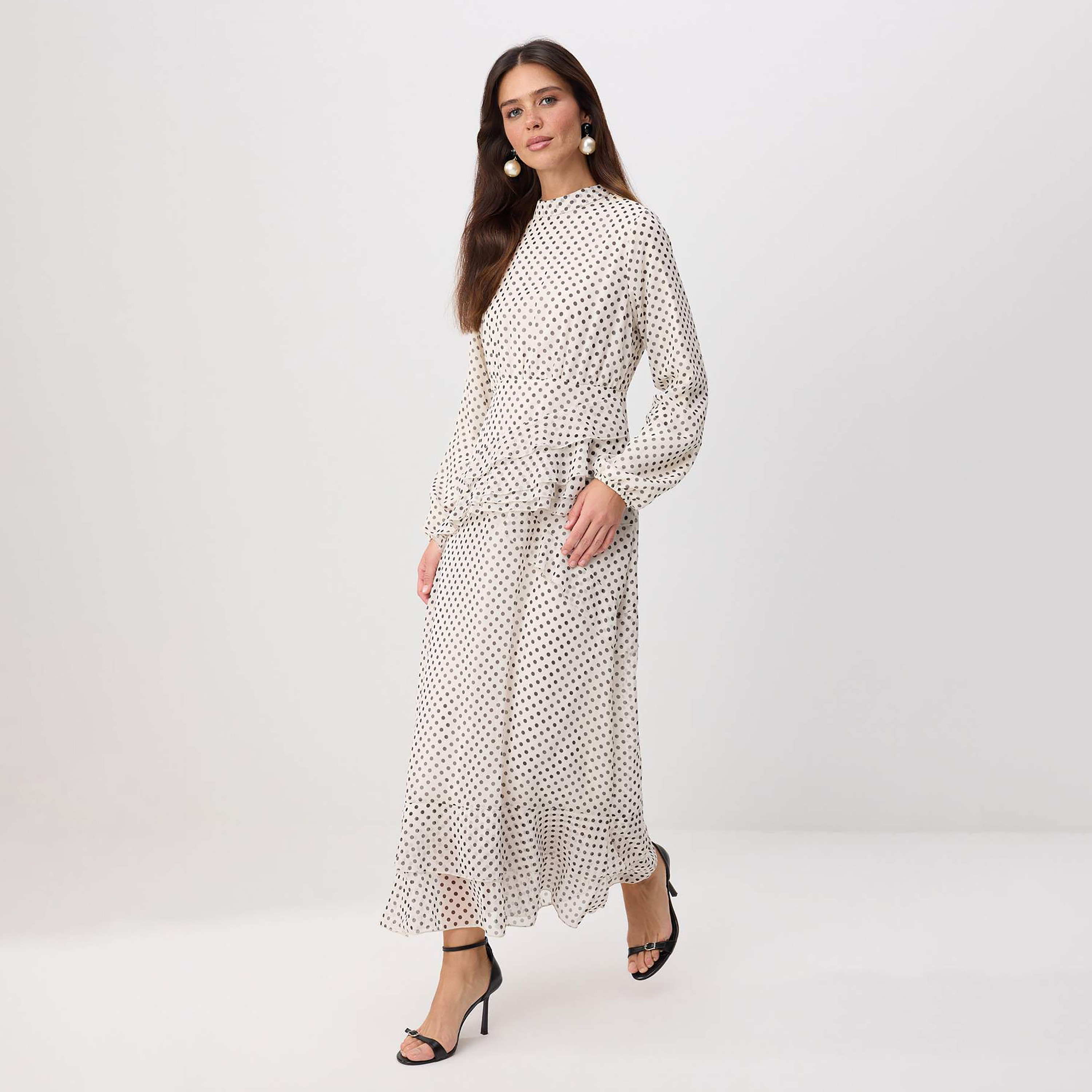 Modest Floral Motifs Chiffon Mock Neck Ruffle Women's Maxi Dress-women-clothing-dresses-image-1