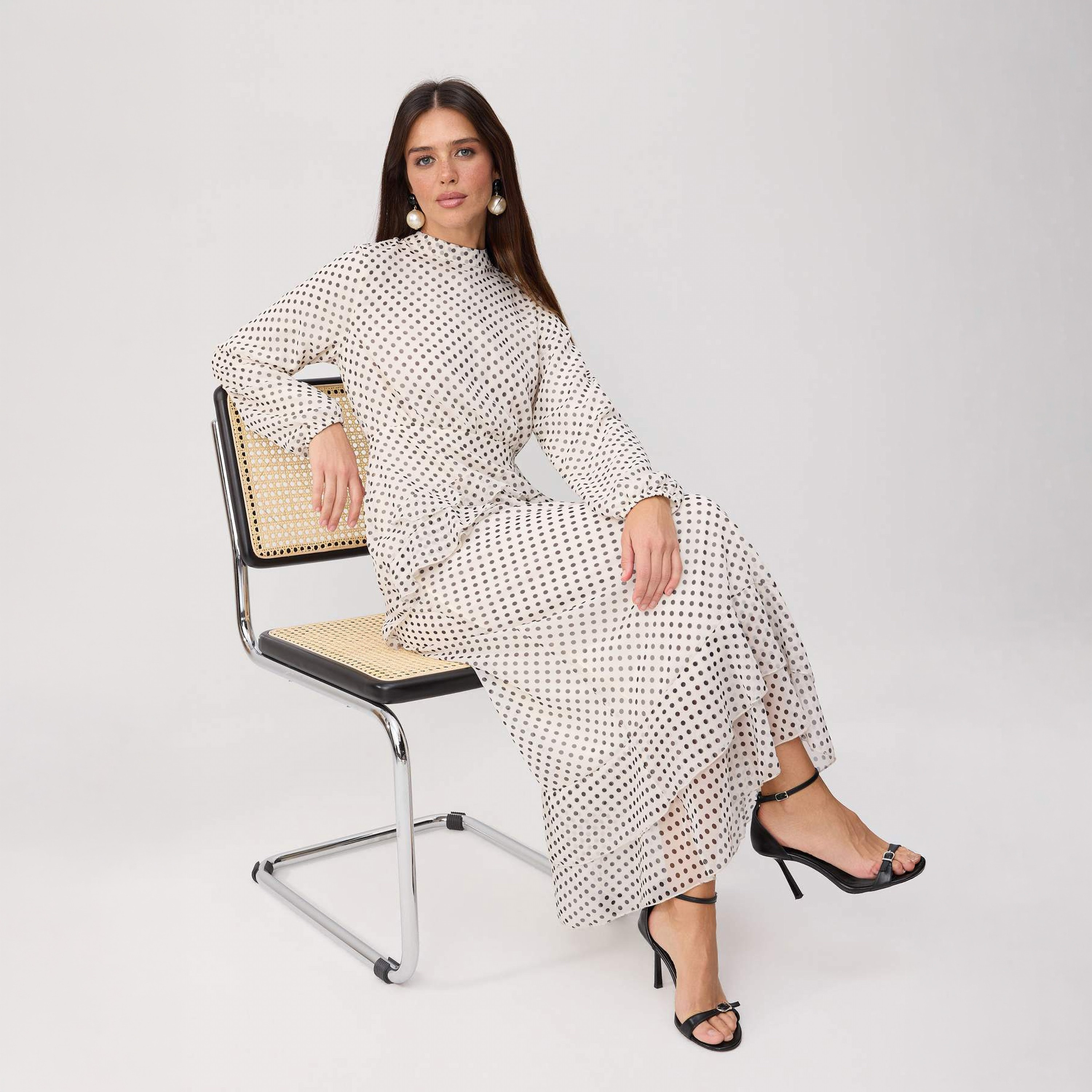 Modest Floral Motifs Chiffon Mock Neck Ruffle Women's Maxi Dress-women-clothing-dresses-image-2