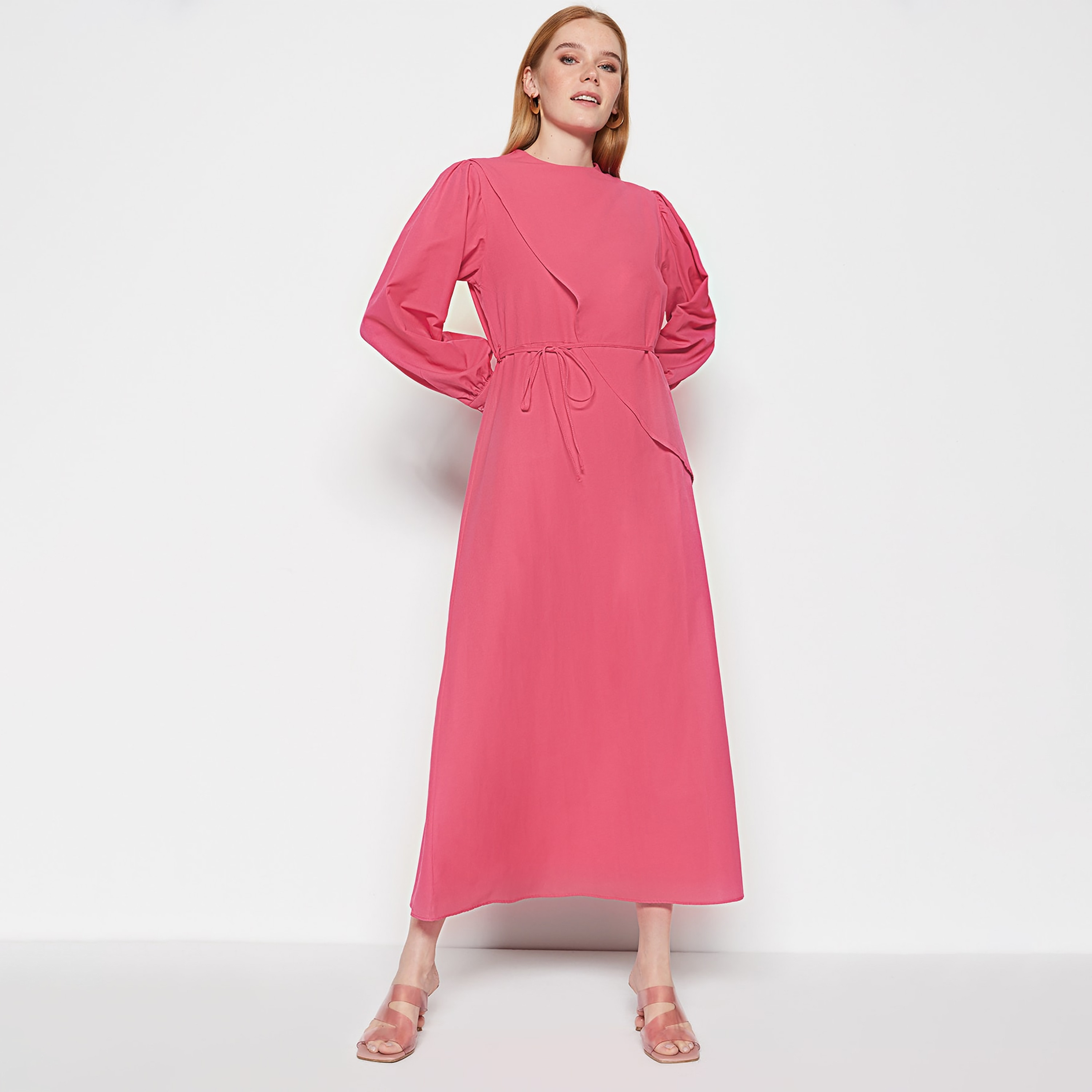 فستان ميدي حريمي محتشم بطبقات وأكمام منتفخة من تريندyول-women-clothing-dresses-image-1