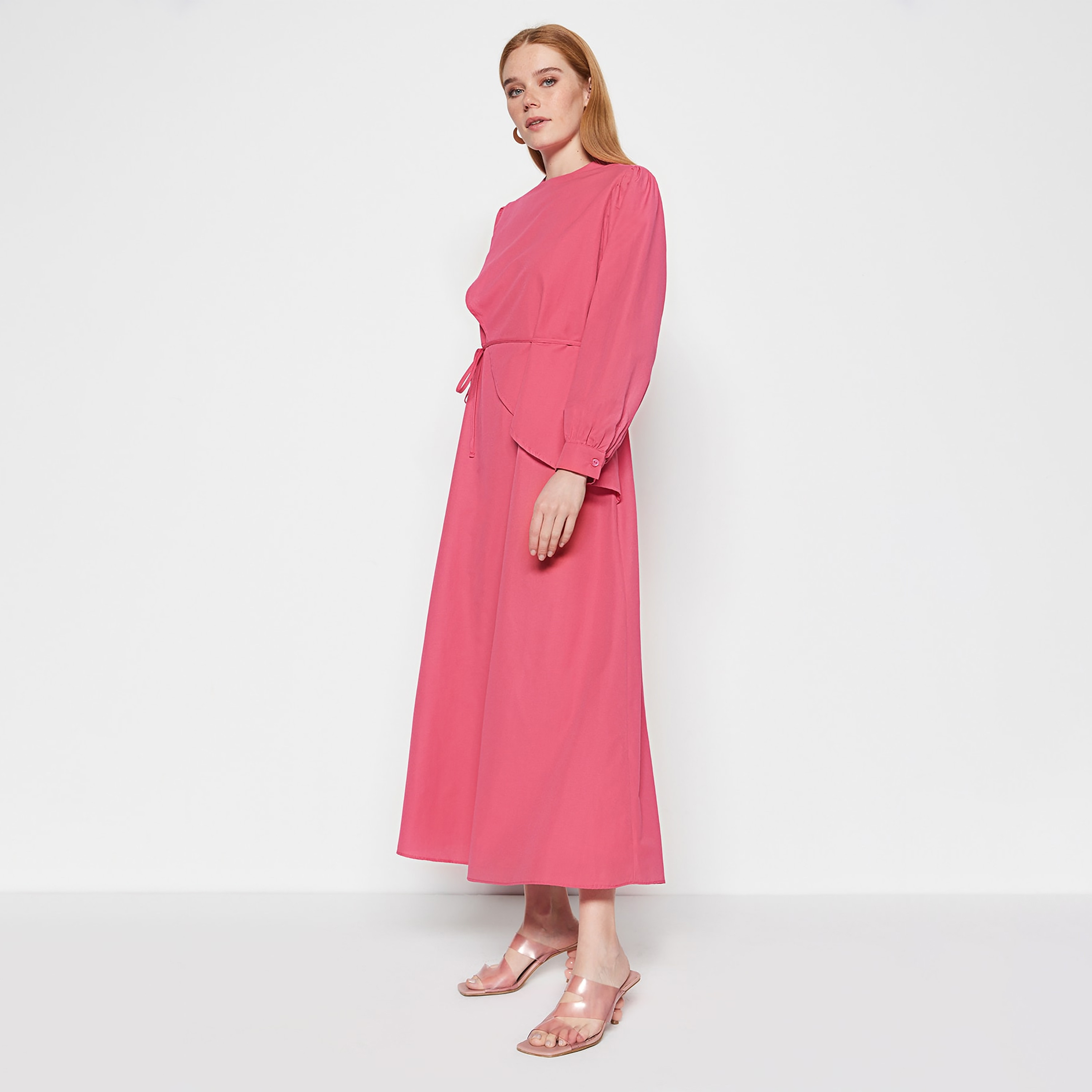 فستان ميدي حريمي محتشم بطبقات وأكمام منتفخة من تريندyول-women-clothing-dresses-image-5