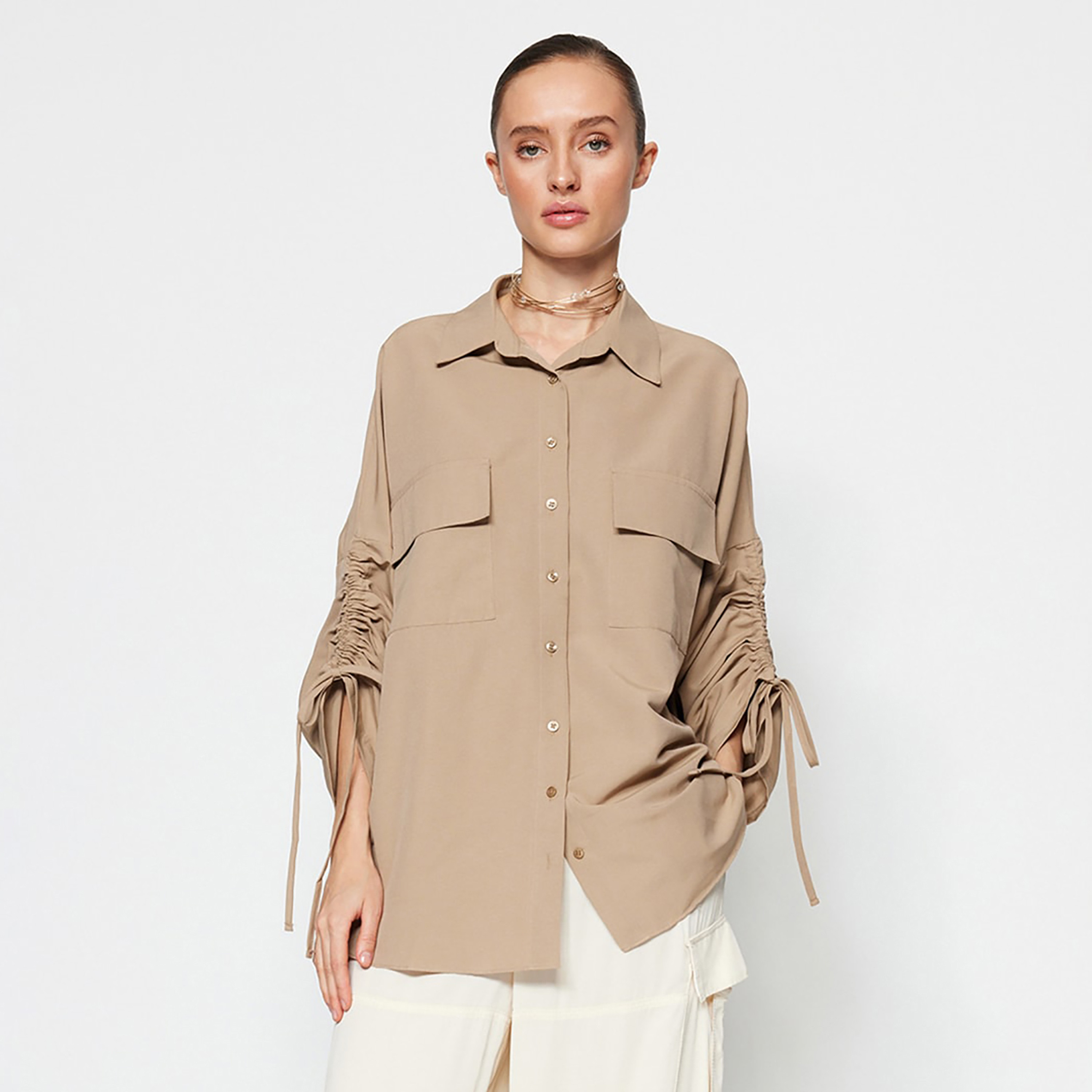 Trendyol Modest Brown Cotton Collared Ruched Drop Sleeves Women's Shirt-women-clothing-shirtsandblouses-shirts-image-1