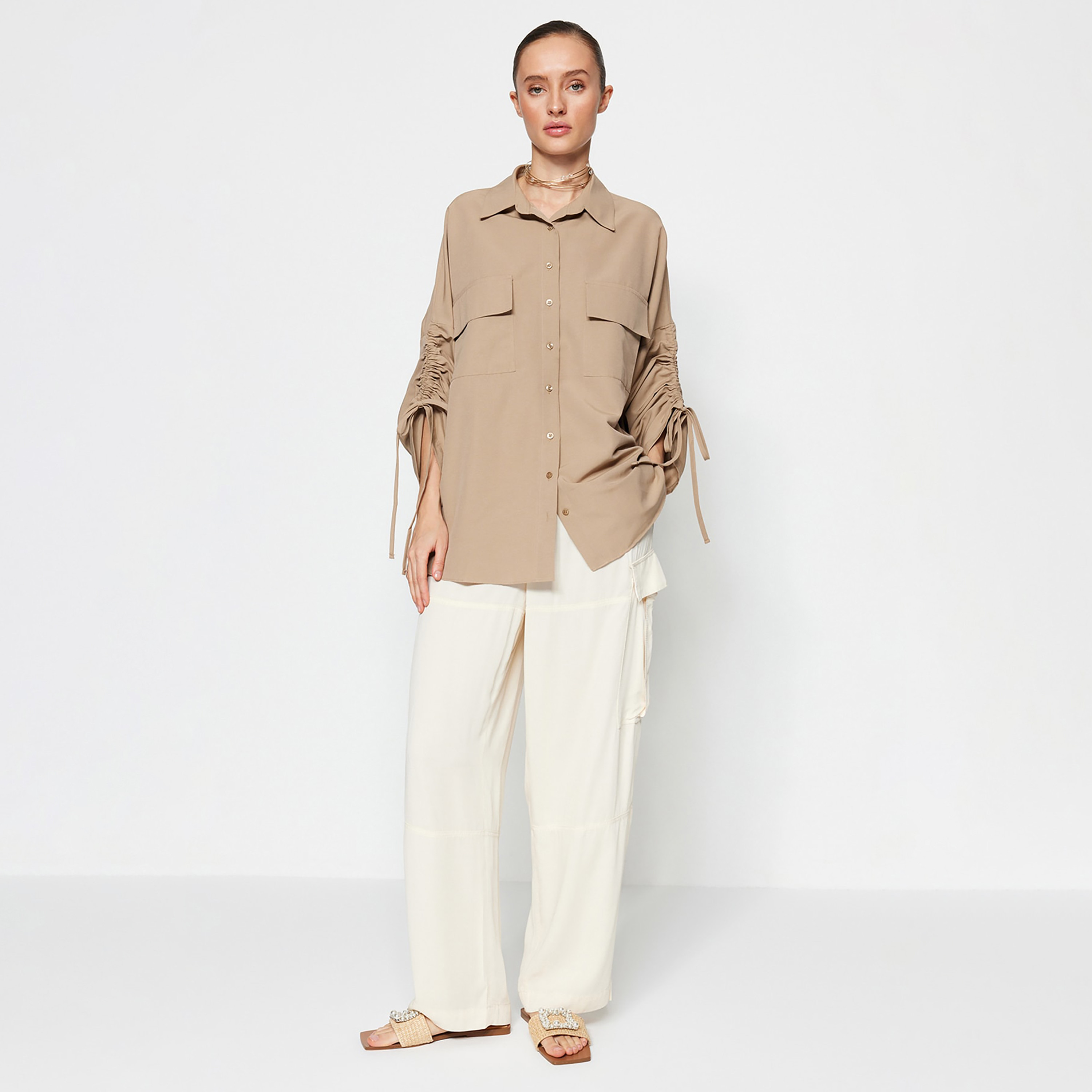 Trendyol Modest Brown Cotton Collared Ruched Drop Sleeves Women's Shirt-women-clothing-shirtsandblouses-shirts-image-2