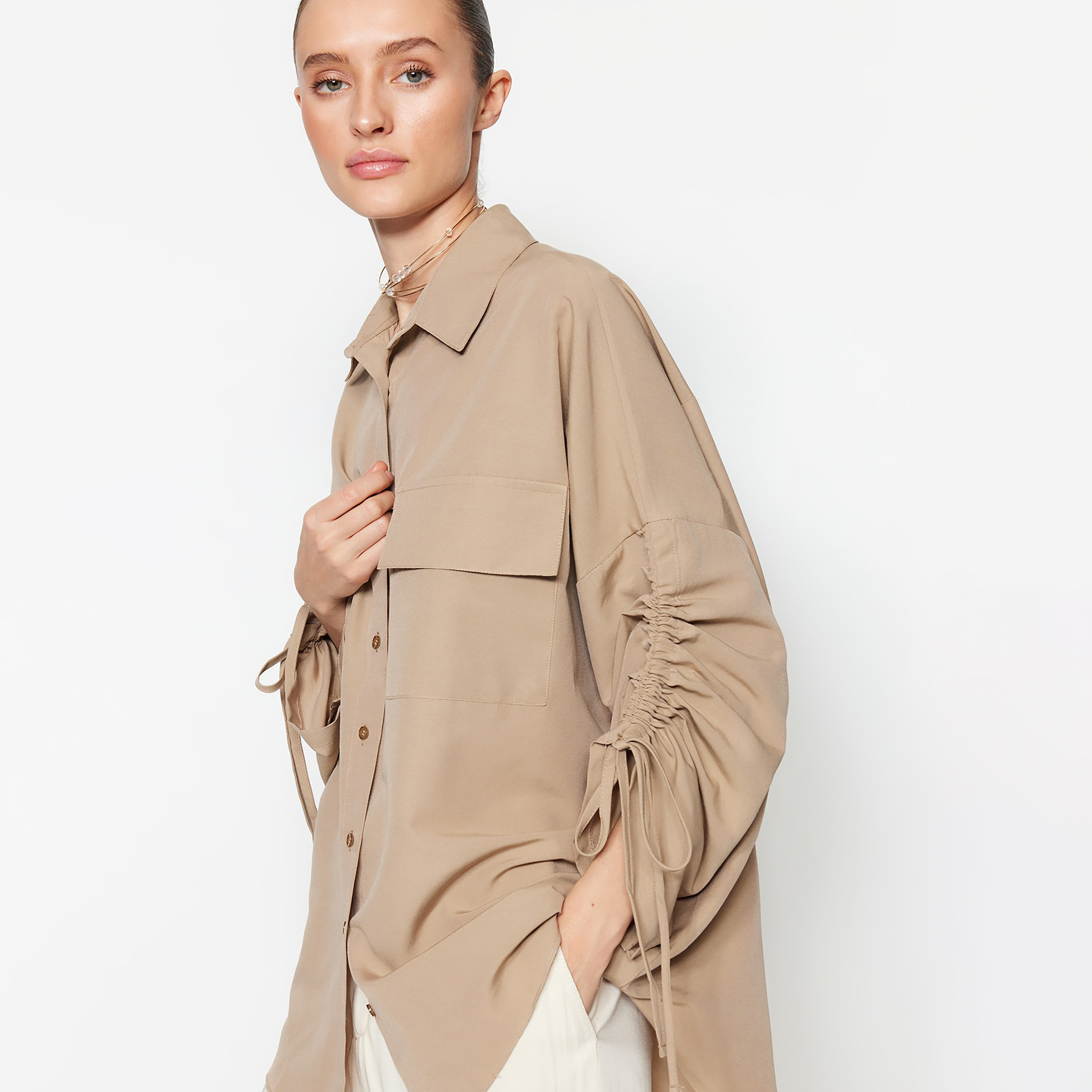 Trendyol Modest Brown Cotton Collared Ruched Drop Sleeves Women's Shirt-women-clothing-shirtsandblouses-shirts-image-3