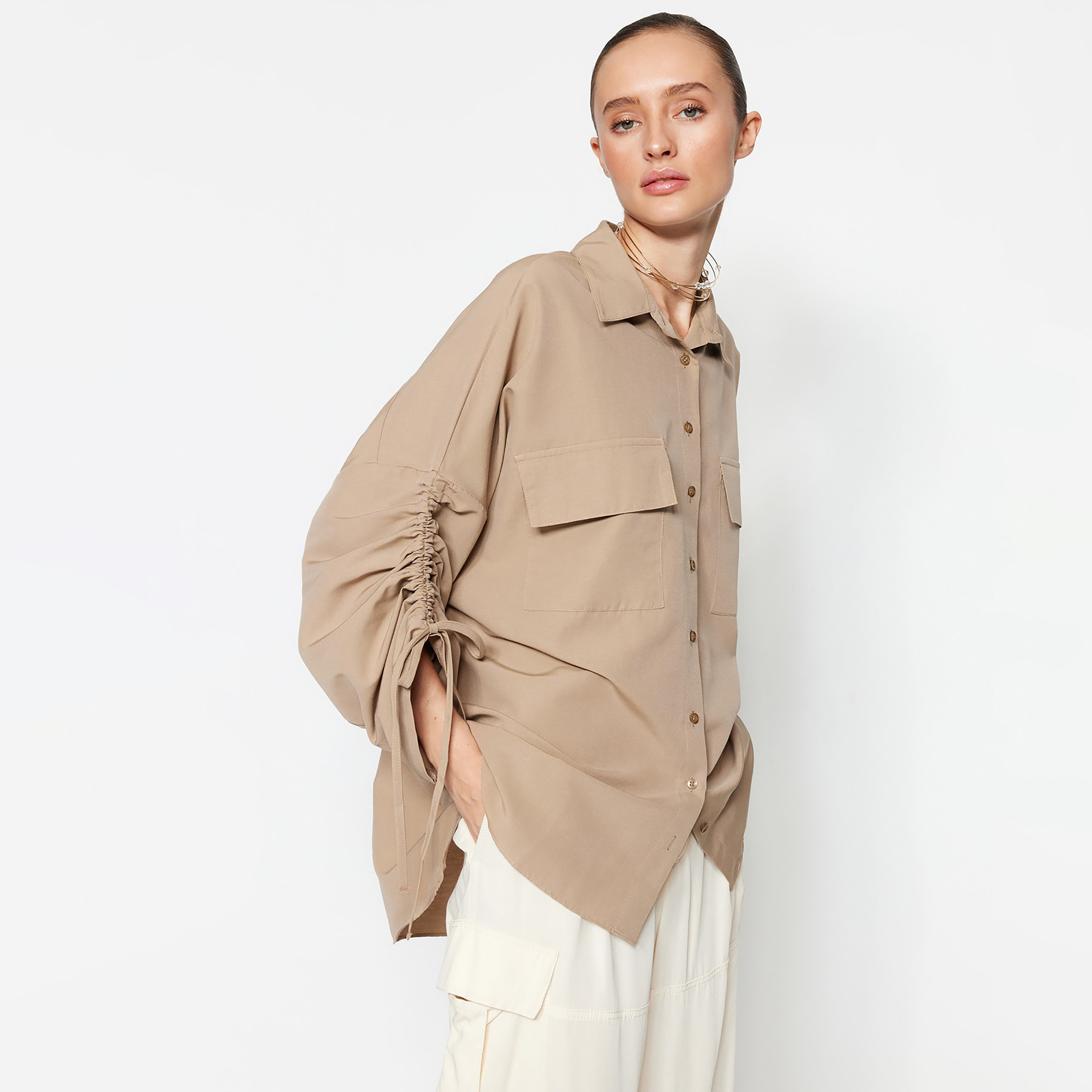 Trendyol Modest Brown Cotton Collared Ruched Drop Sleeves Women's Shirt-women-clothing-shirtsandblouses-shirts-image-4