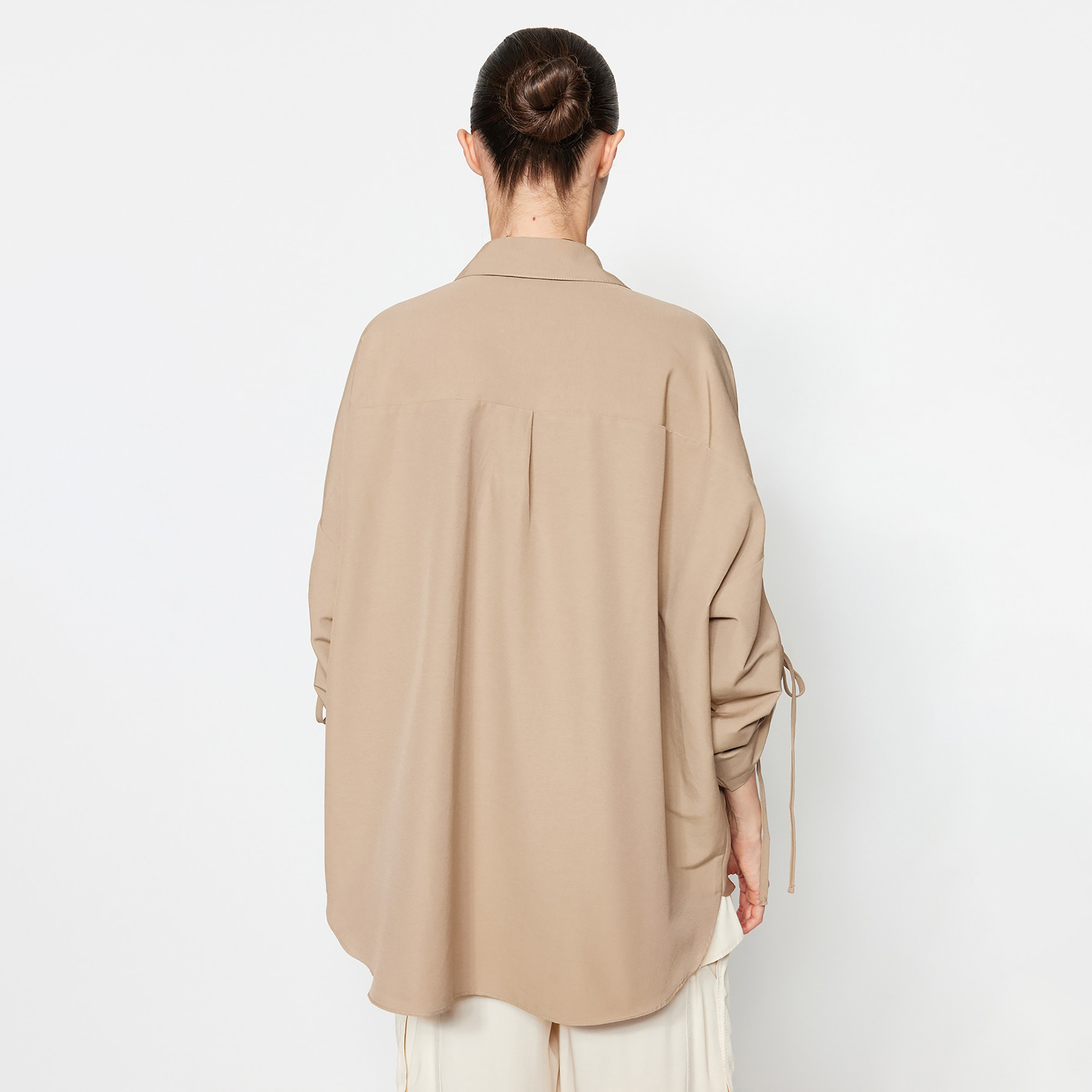 Trendyol Modest Brown Cotton Collared Ruched Drop Sleeves Women's Shirt-women-clothing-shirtsandblouses-shirts-image-5