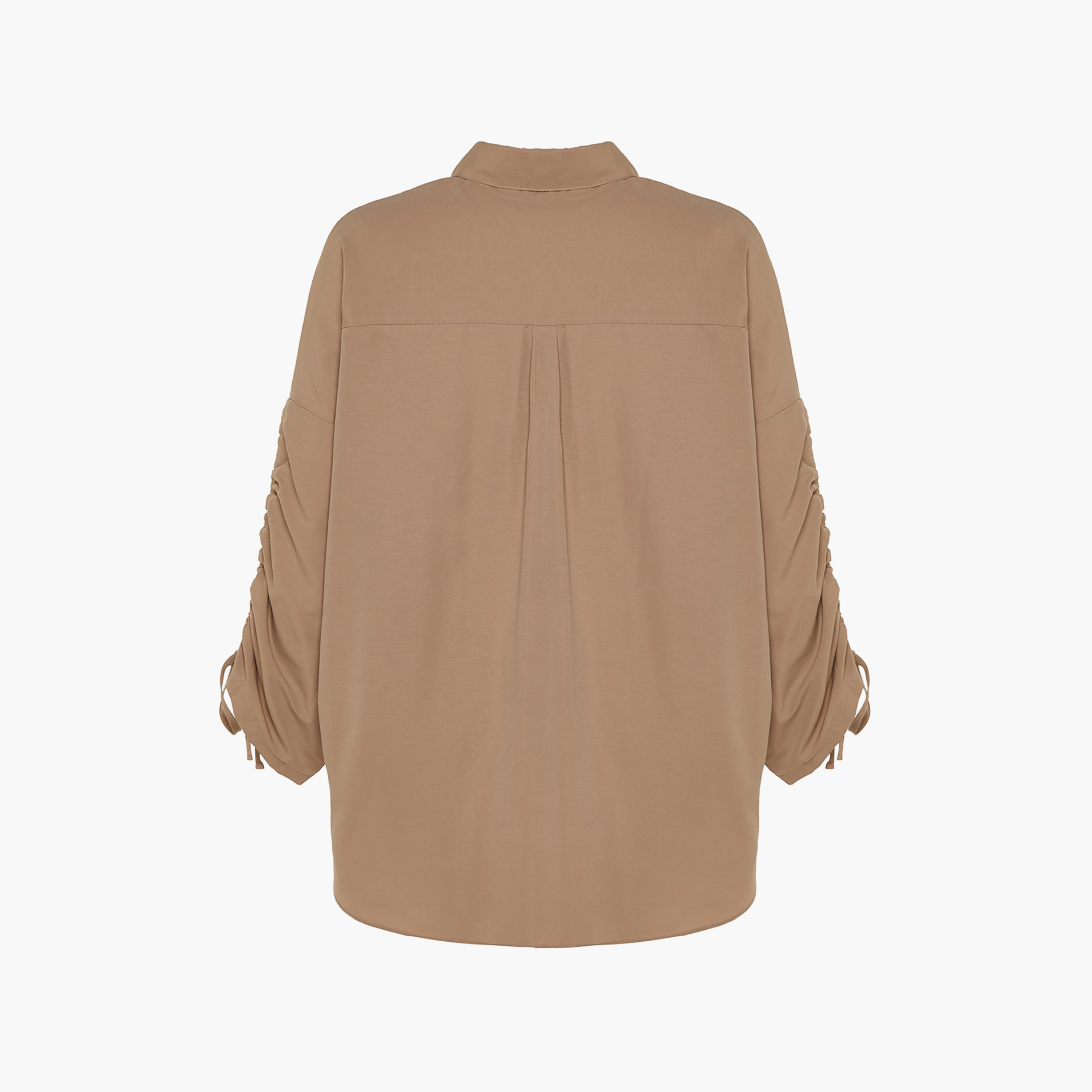 Trendyol Modest Brown Cotton Collared Ruched Drop Sleeves Women's Shirt-women-clothing-shirtsandblouses-shirts-image-6