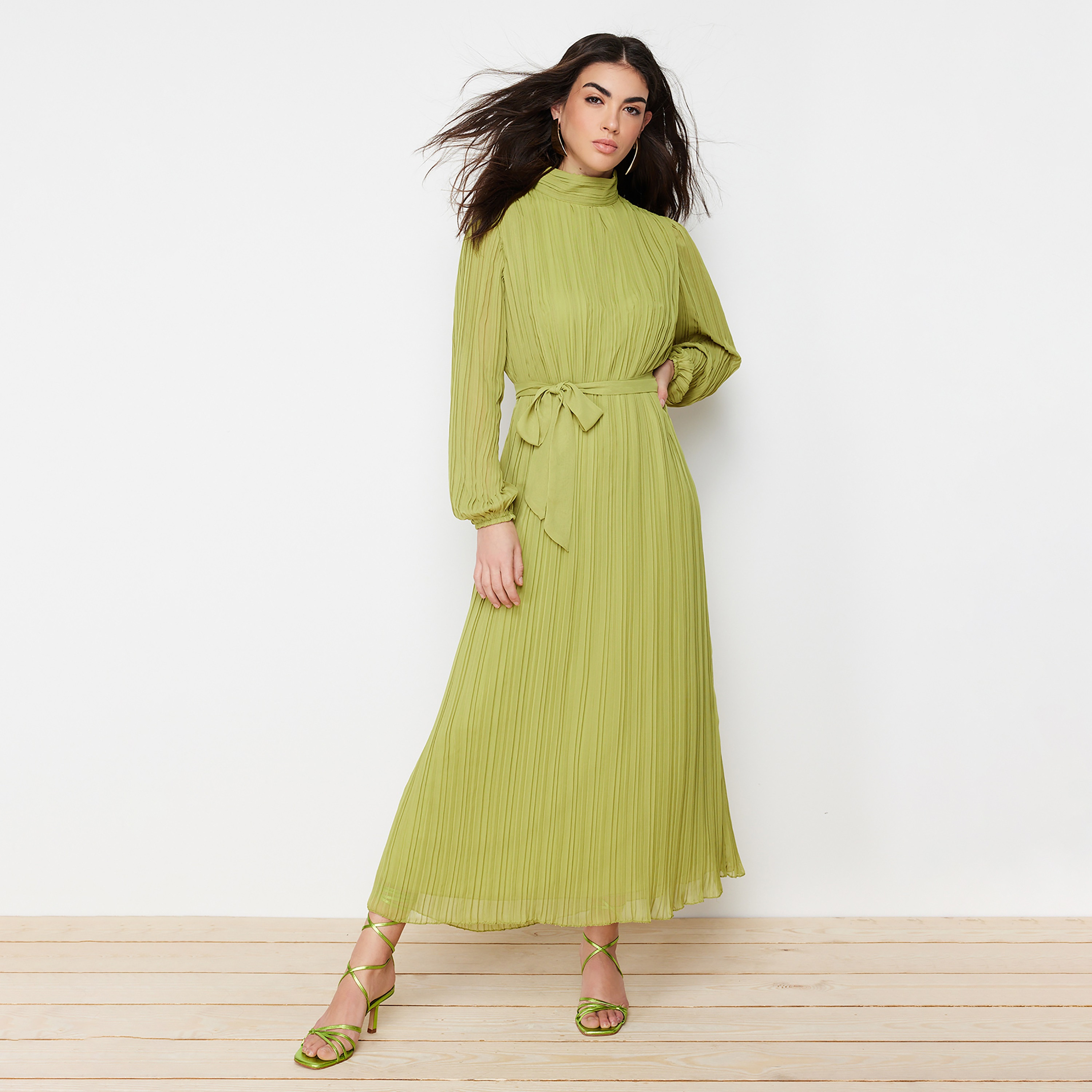 Trendyol Modest Green Pleated Chiffon High Neck Elasticated Cuff Sleeves Pleated Women's Maxi Dress-women-clothing-dresses-image-1