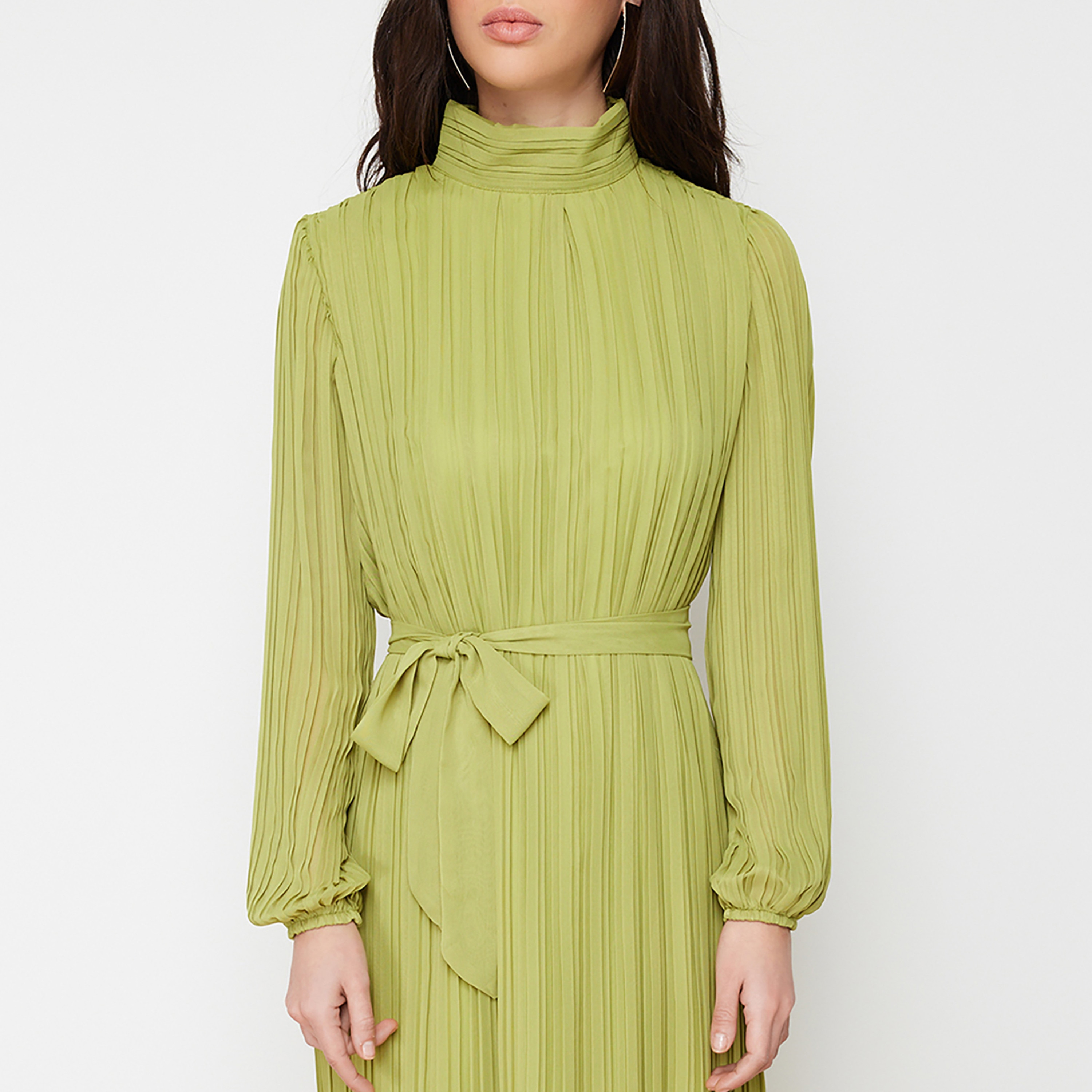 Trendyol Modest Green Pleated Chiffon High Neck Elasticated Cuff Sleeves Pleated Women's Maxi Dress-women-clothing-dresses-image-4