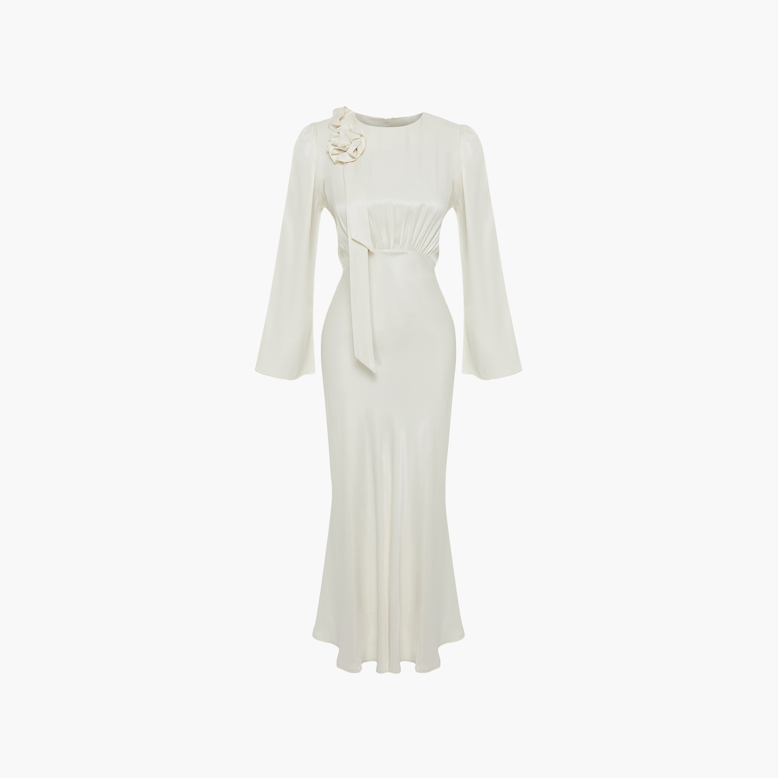 Modest White 3D Flower Detail Satin Trumpet Evening Women's Maxi Dress-women-clothing-dresses-image-6