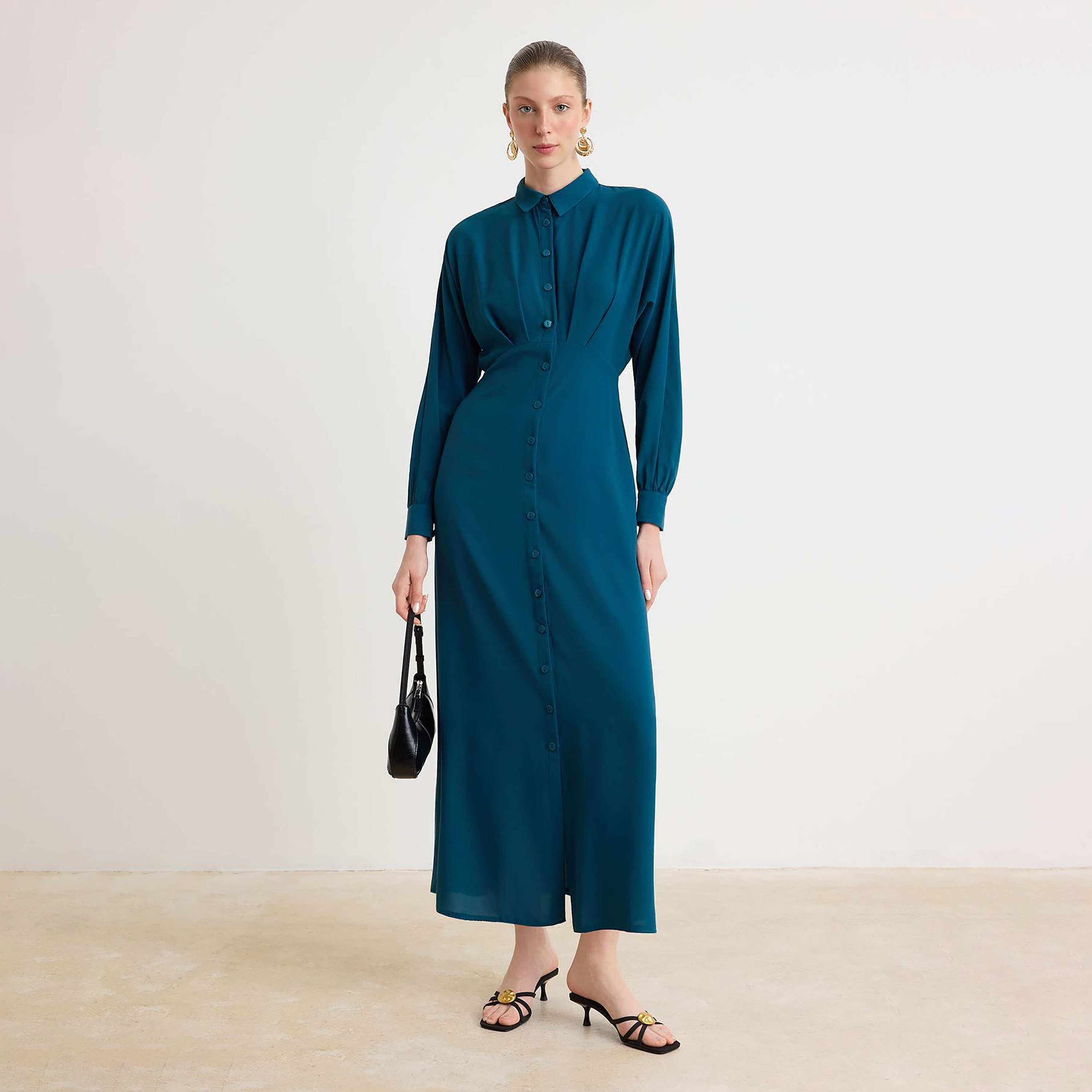 Trendyol Modest Pleated Collared Cuffed Sleeves Women's Maxi Shirt Dress-women-clothing-dresses-image-1