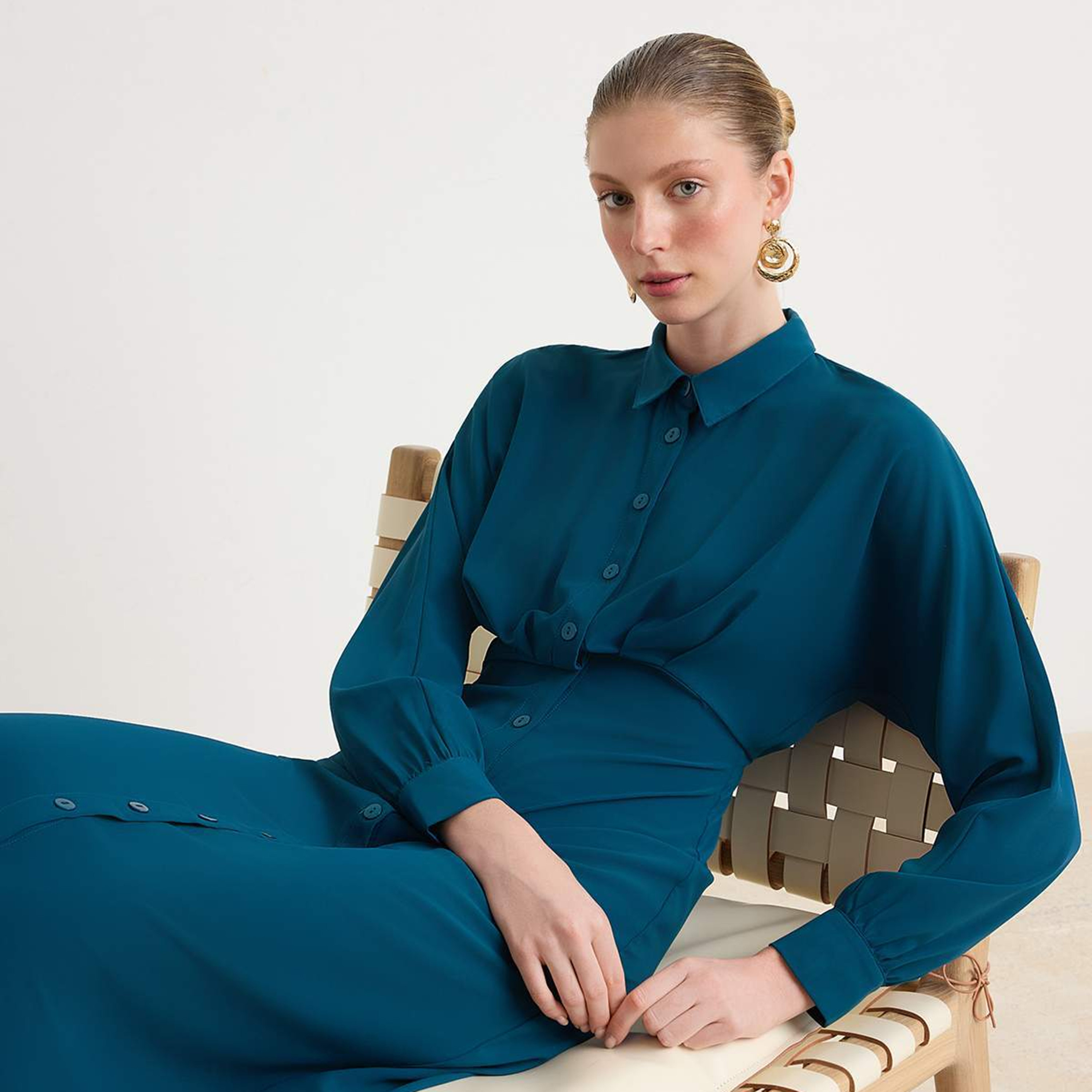 Trendyol Modest Pleated Collared Cuffed Sleeves Women's Maxi Shirt Dress-women-clothing-dresses-image-2