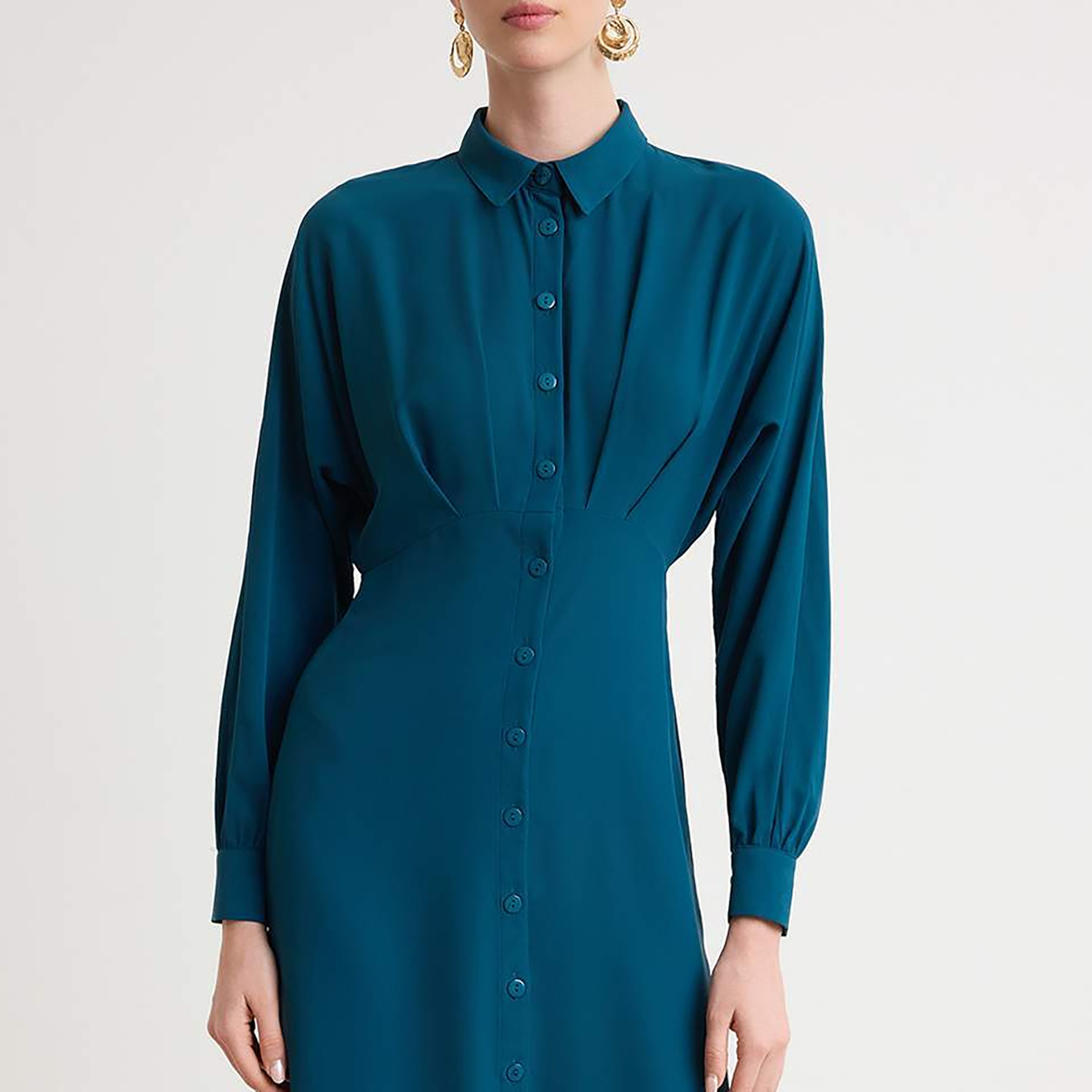 Trendyol Modest Pleated Collared Cuffed Sleeves Women's Maxi Shirt Dress-women-clothing-dresses-image-4
