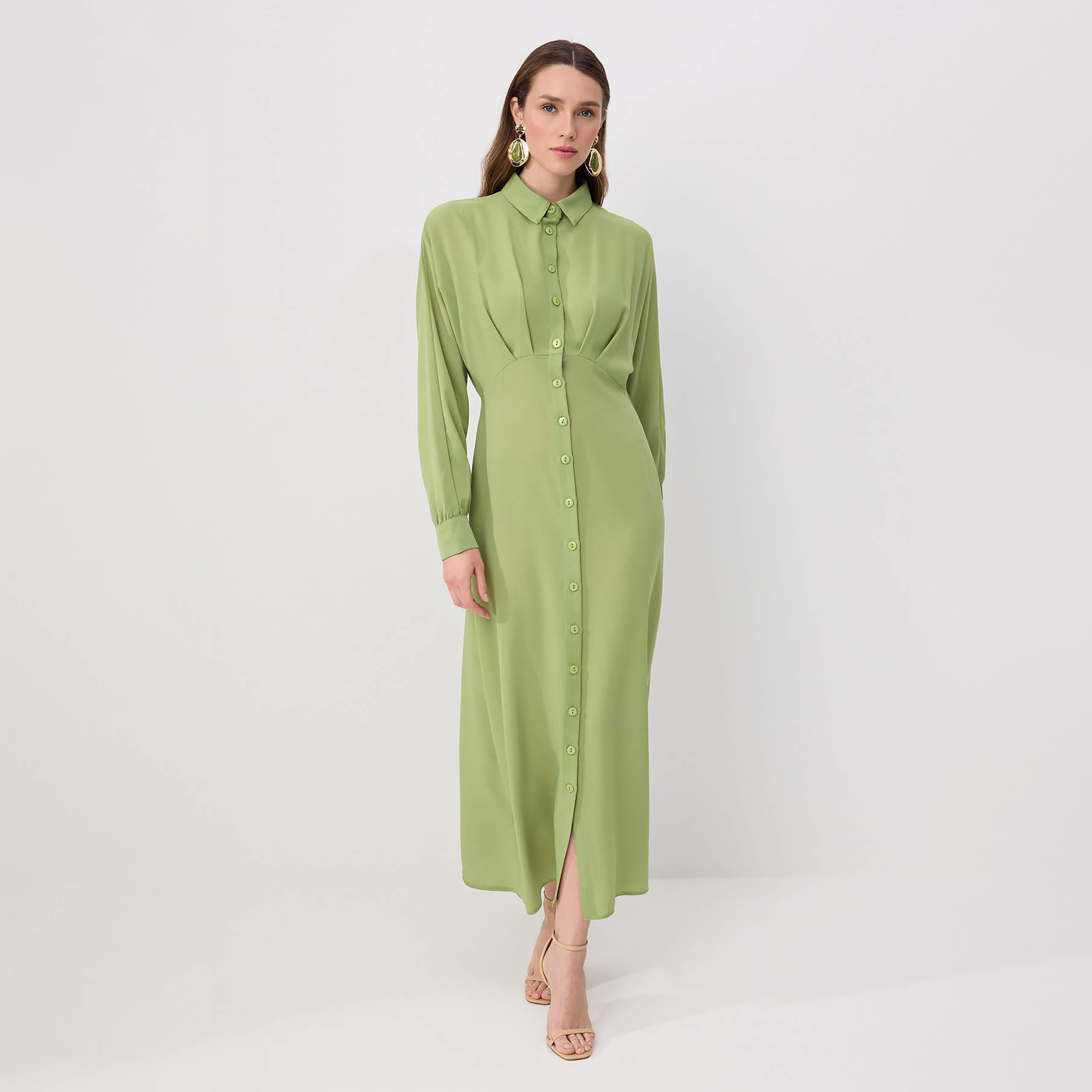 Trendyol Modest Pleated Collared Cuffed Sleeves Women's Maxi Shirt Dress-women-clothing-dresses-image-1