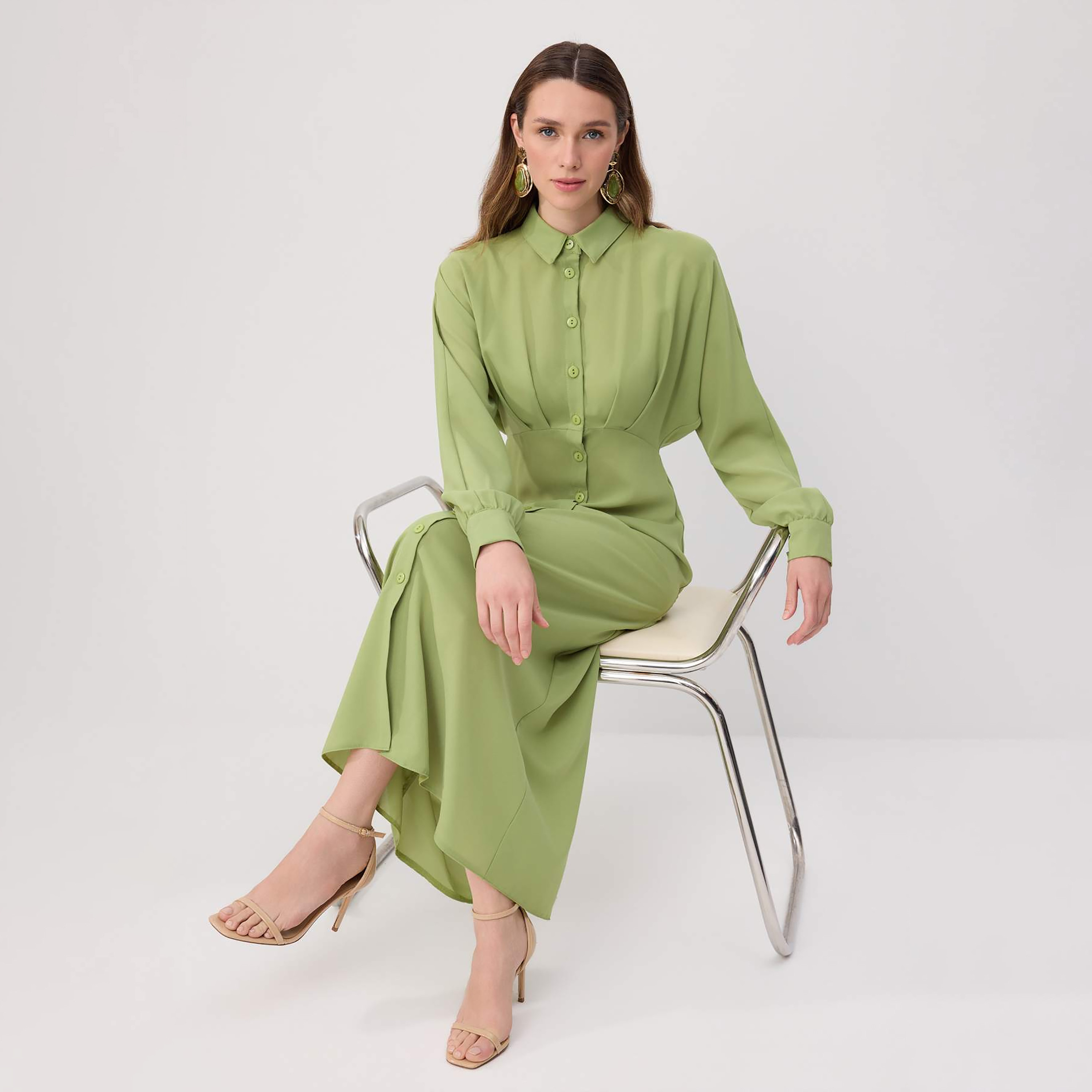 Trendyol Modest Pleated Collared Cuffed Sleeves Women's Maxi Shirt Dress-women-clothing-dresses-image-2
