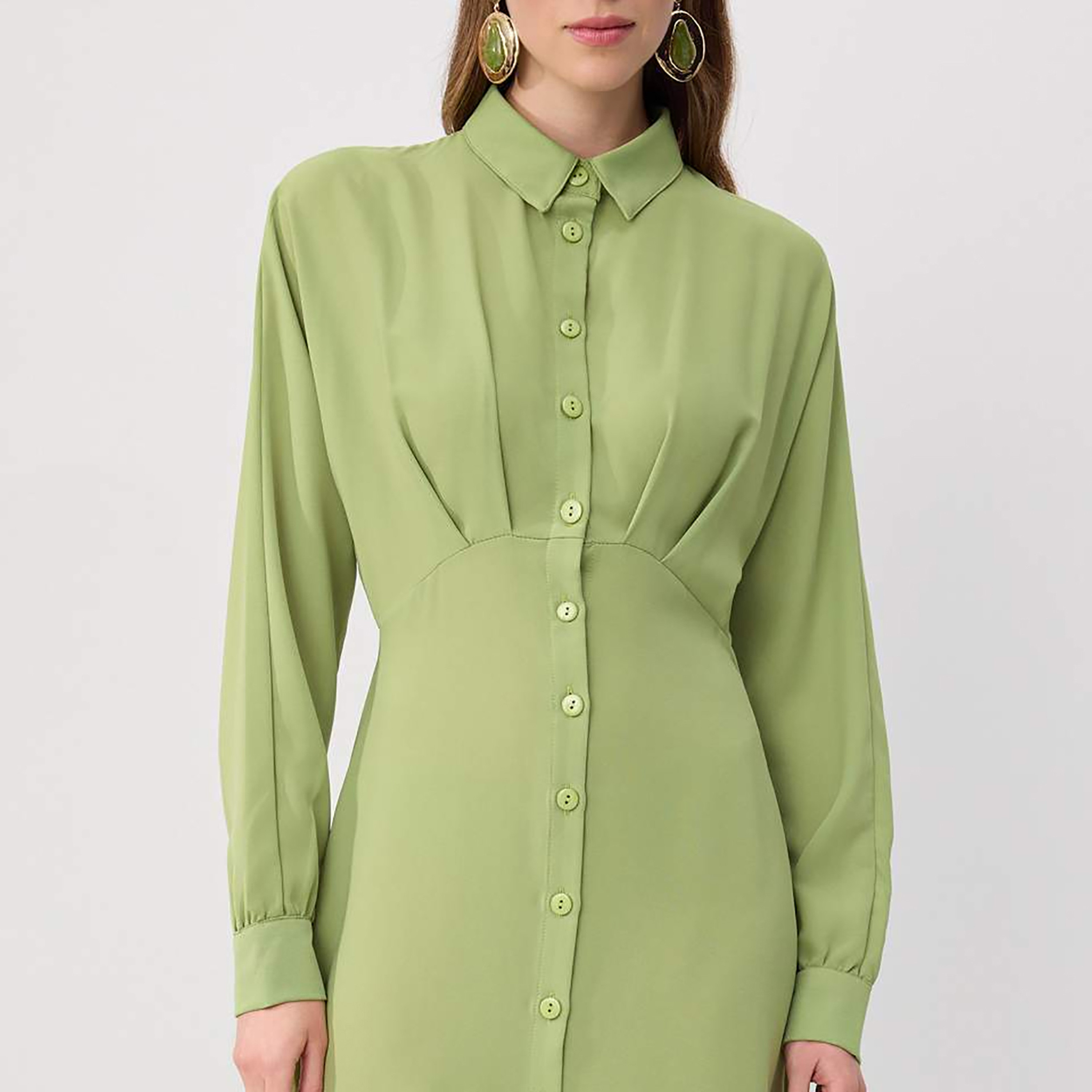 Trendyol Modest Pleated Collared Cuffed Sleeves Women's Maxi Shirt Dress-women-clothing-dresses-image-4