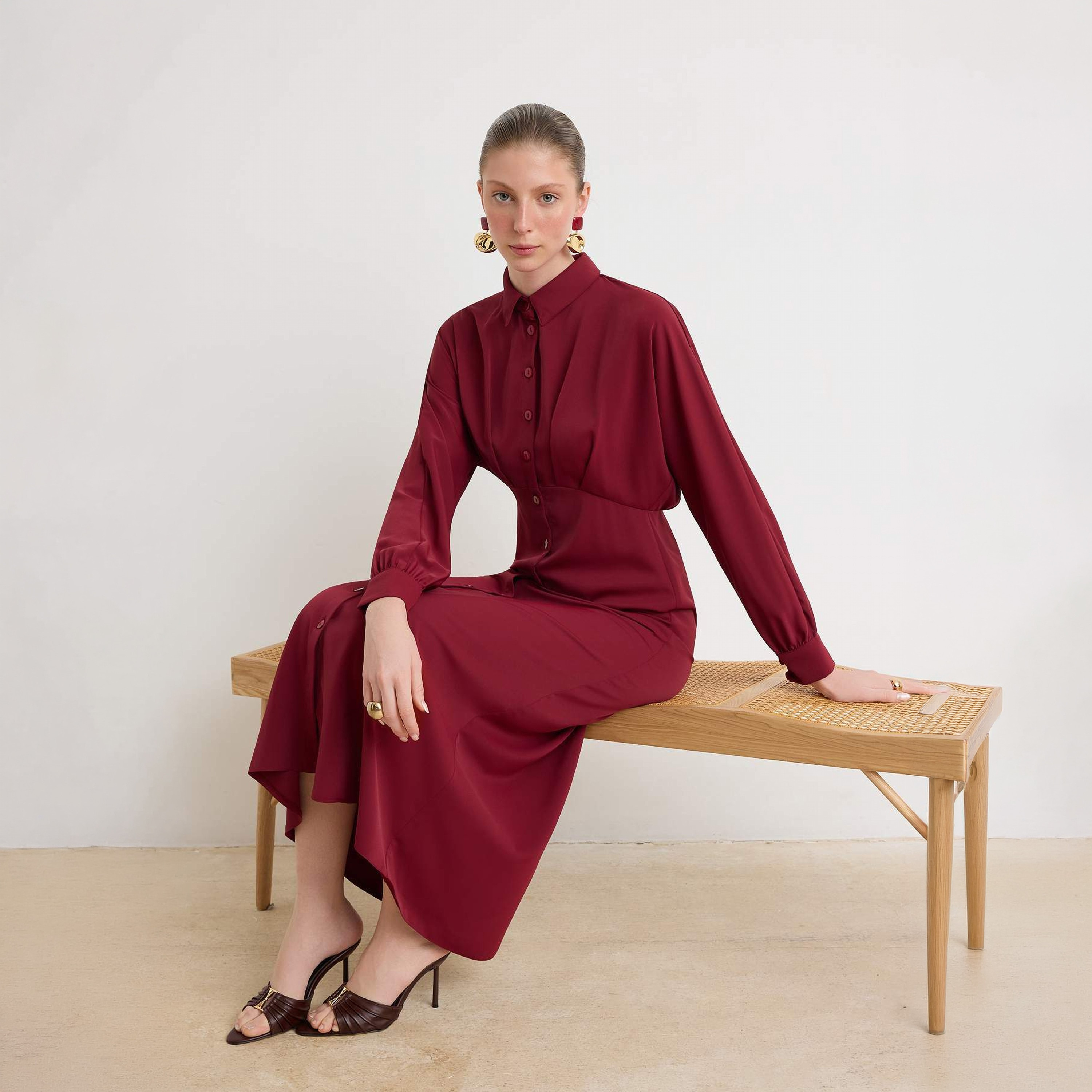 فستان قميص ماكسي حريمي محتشم بليسيه بياقة وأكمام بأساور من ترينديول-women-clothing-dresses-image-2