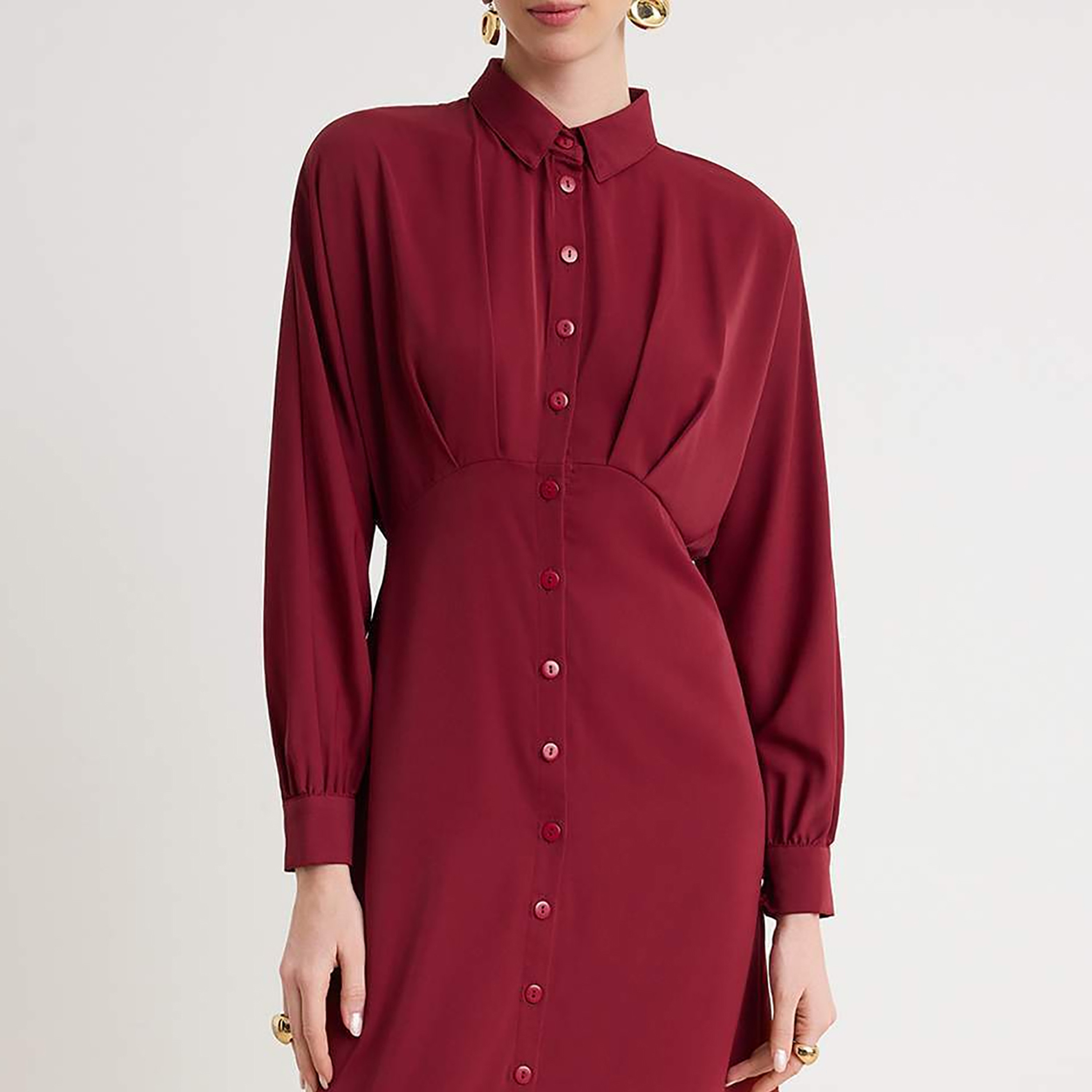 فستان قميص ماكسي حريمي محتشم بليسيه بياقة وأكمام بأساور من ترينديول-women-clothing-dresses-image-4