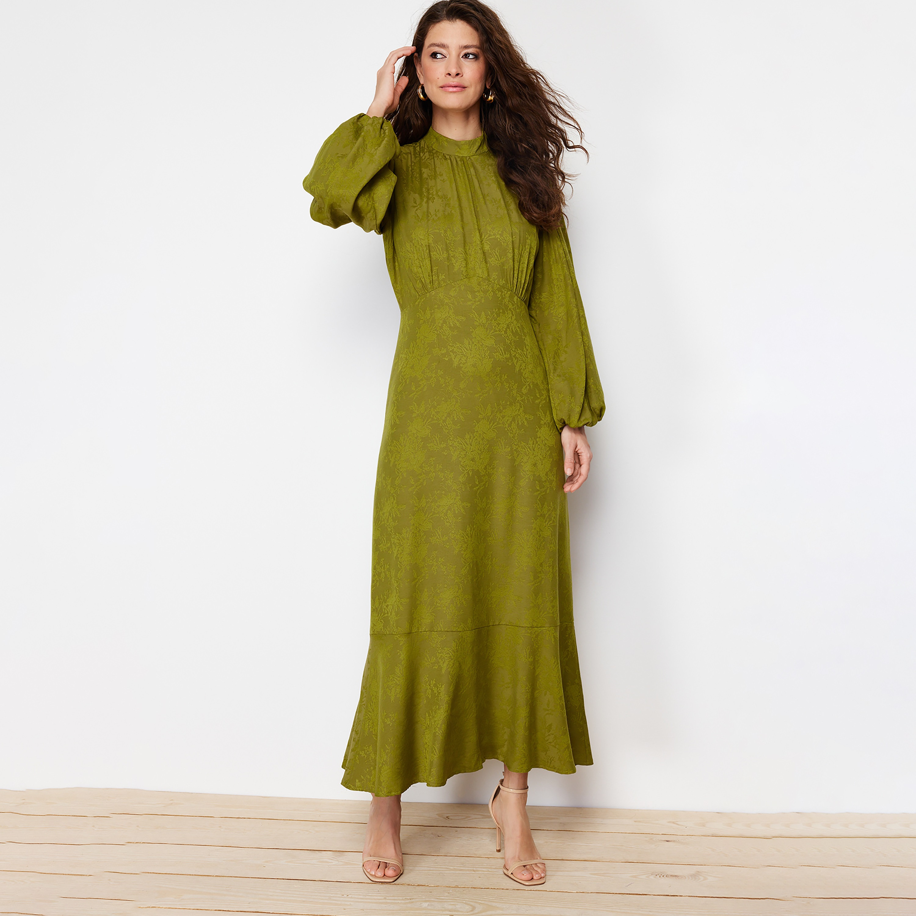 Trendyol Modest Green Jacquard Floral High Neck Balloon Sleeves Tiered Women's Maxi Dress-women-clothing-dresses-image-1