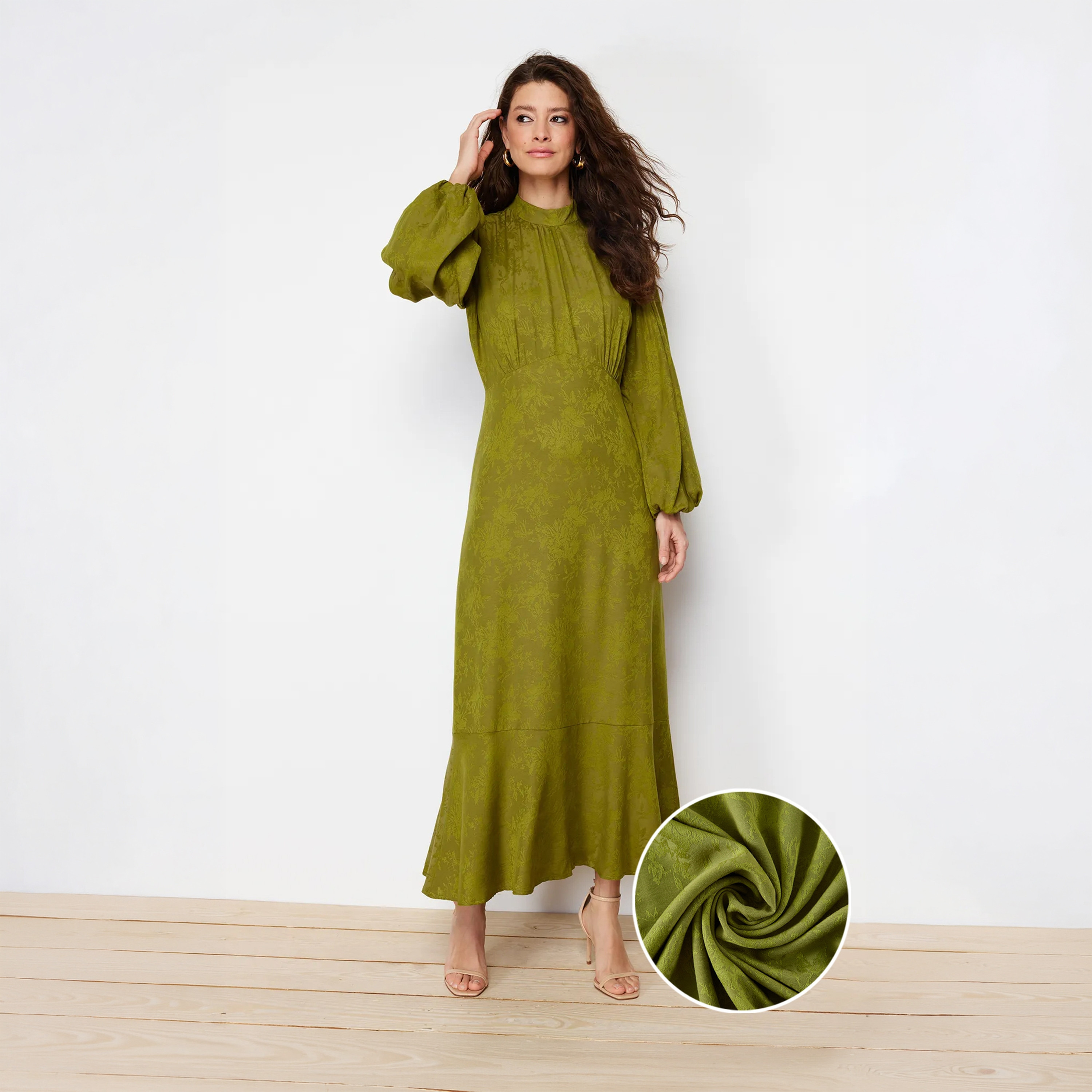 Trendyol Modest Green Jacquard Floral High Neck Balloon Sleeves Tiered Women's Maxi Dress-women-clothing-dresses-image-2