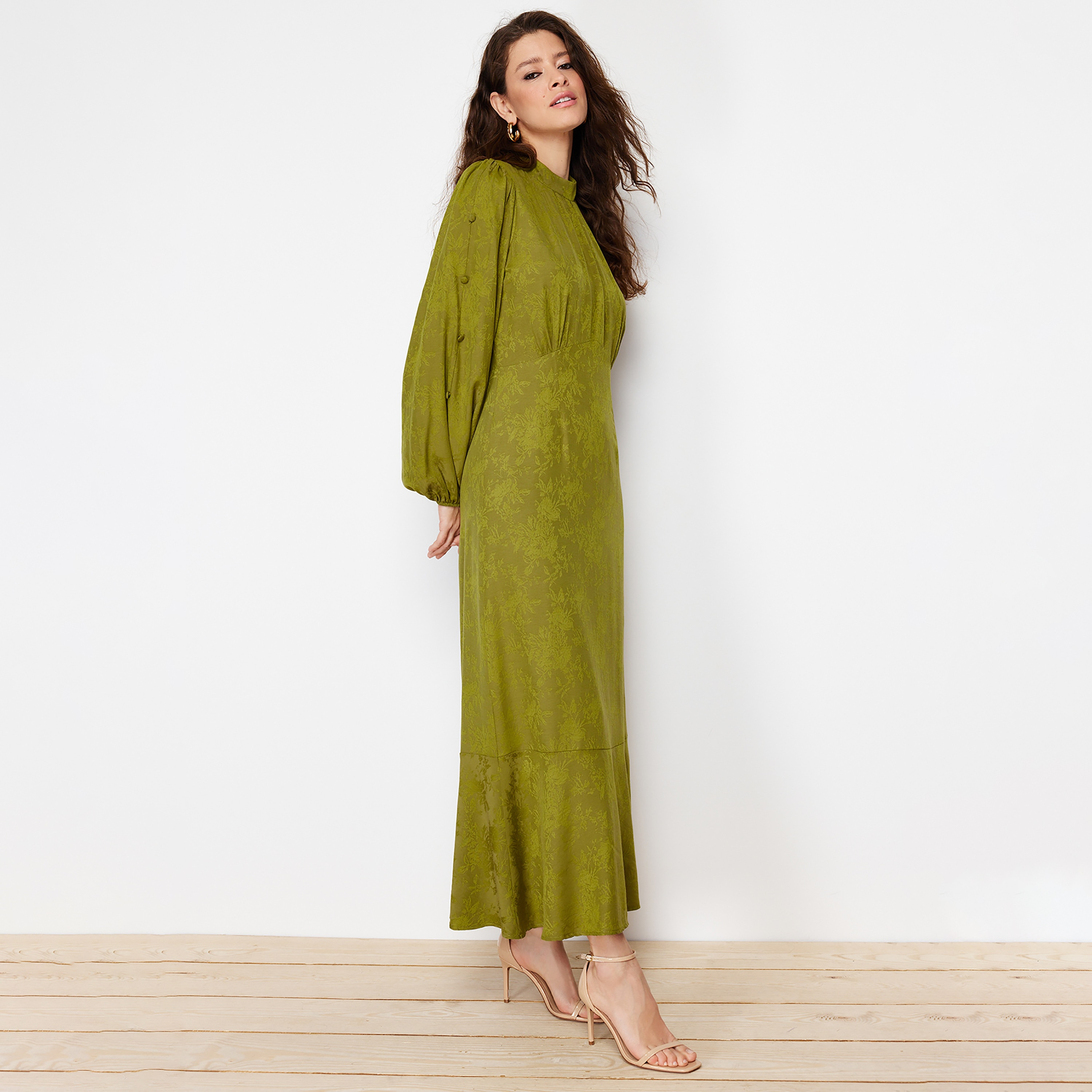 Trendyol Modest Green Jacquard Floral High Neck Balloon Sleeves Tiered Women's Maxi Dress-women-clothing-dresses-image-3