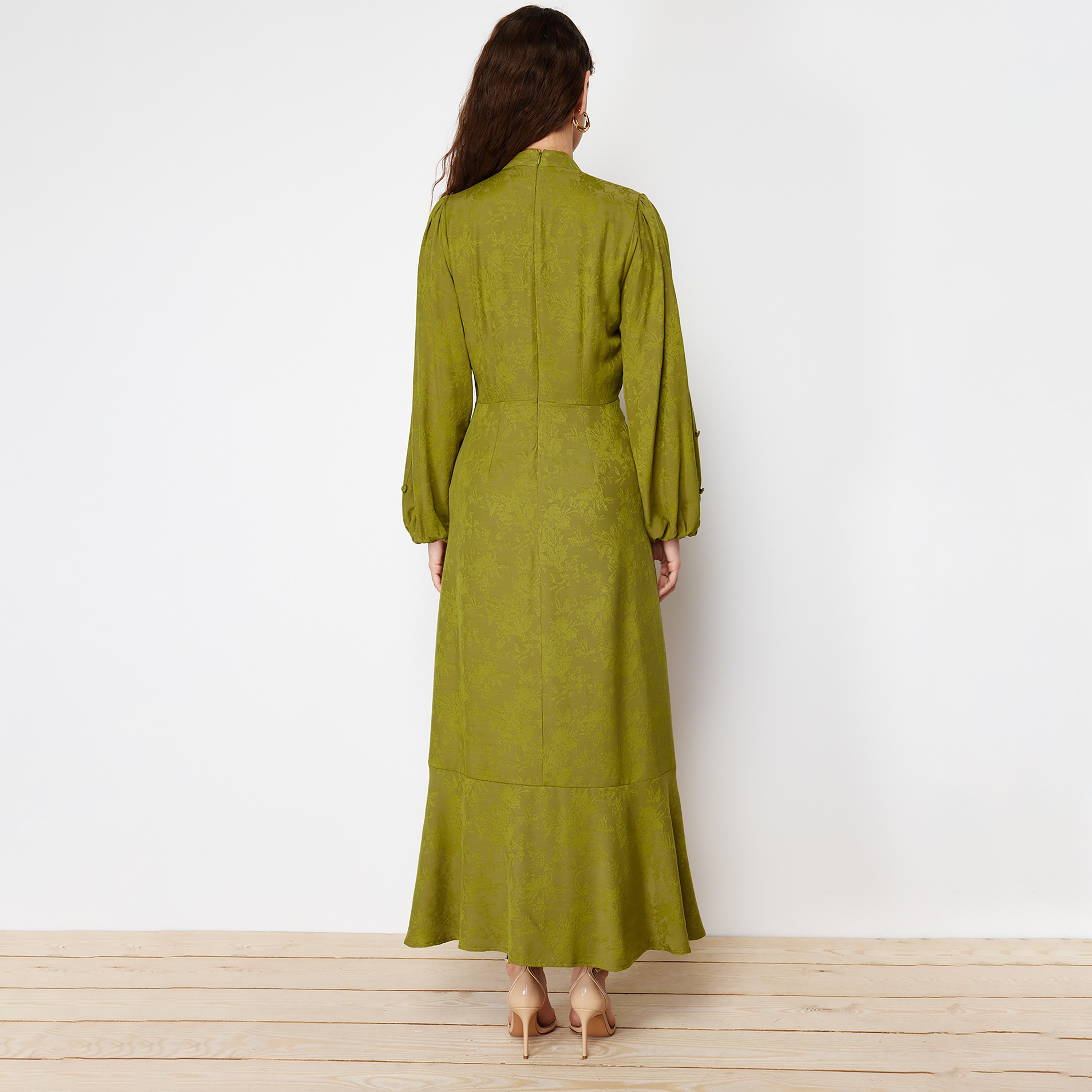 Trendyol Modest Green Jacquard Floral High Neck Balloon Sleeves Tiered Women's Maxi Dress-women-clothing-dresses-image-4